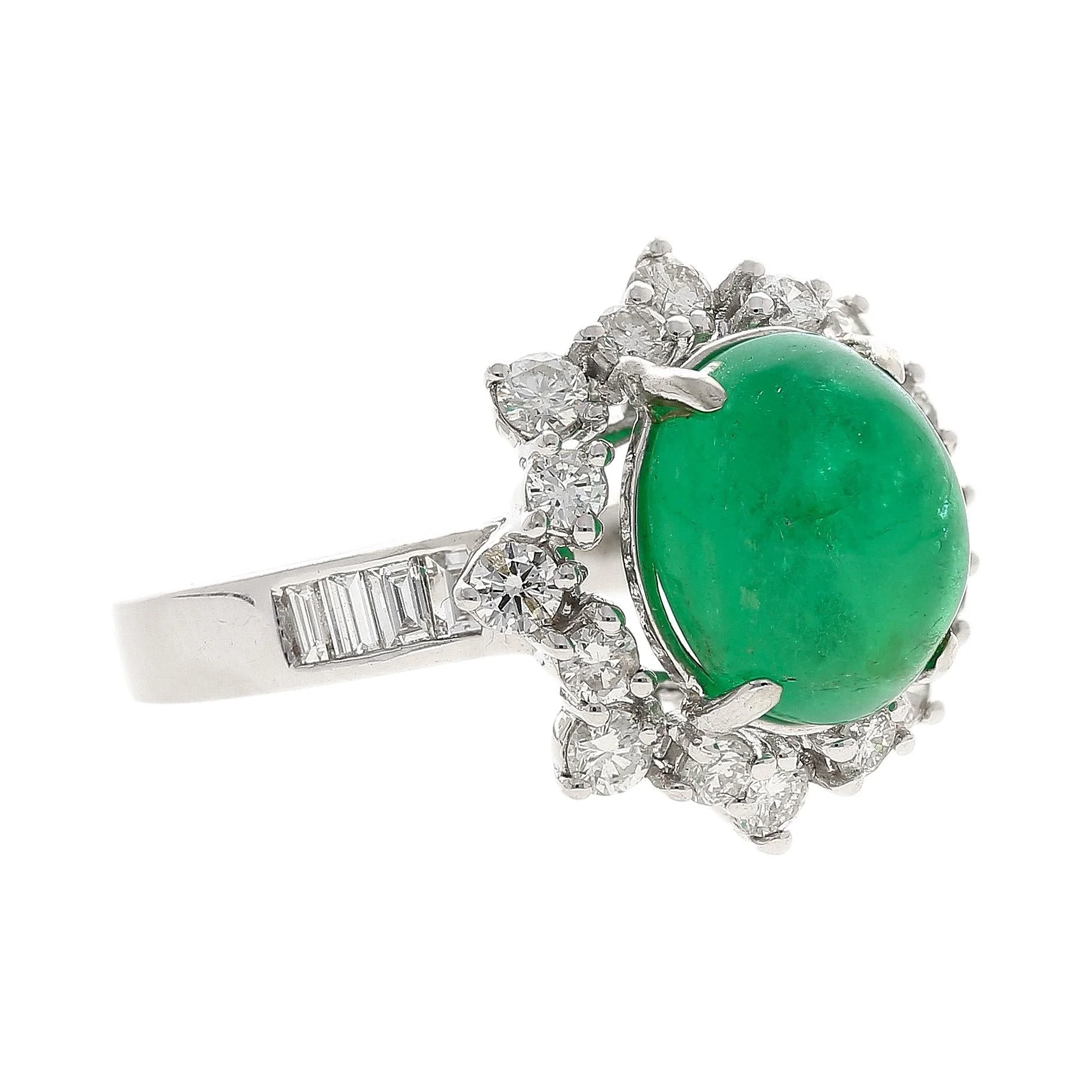 Vintage 3.32 Carat Cabochon Emerald and Diamond Halo Ring in 14K White Gold - Image 2