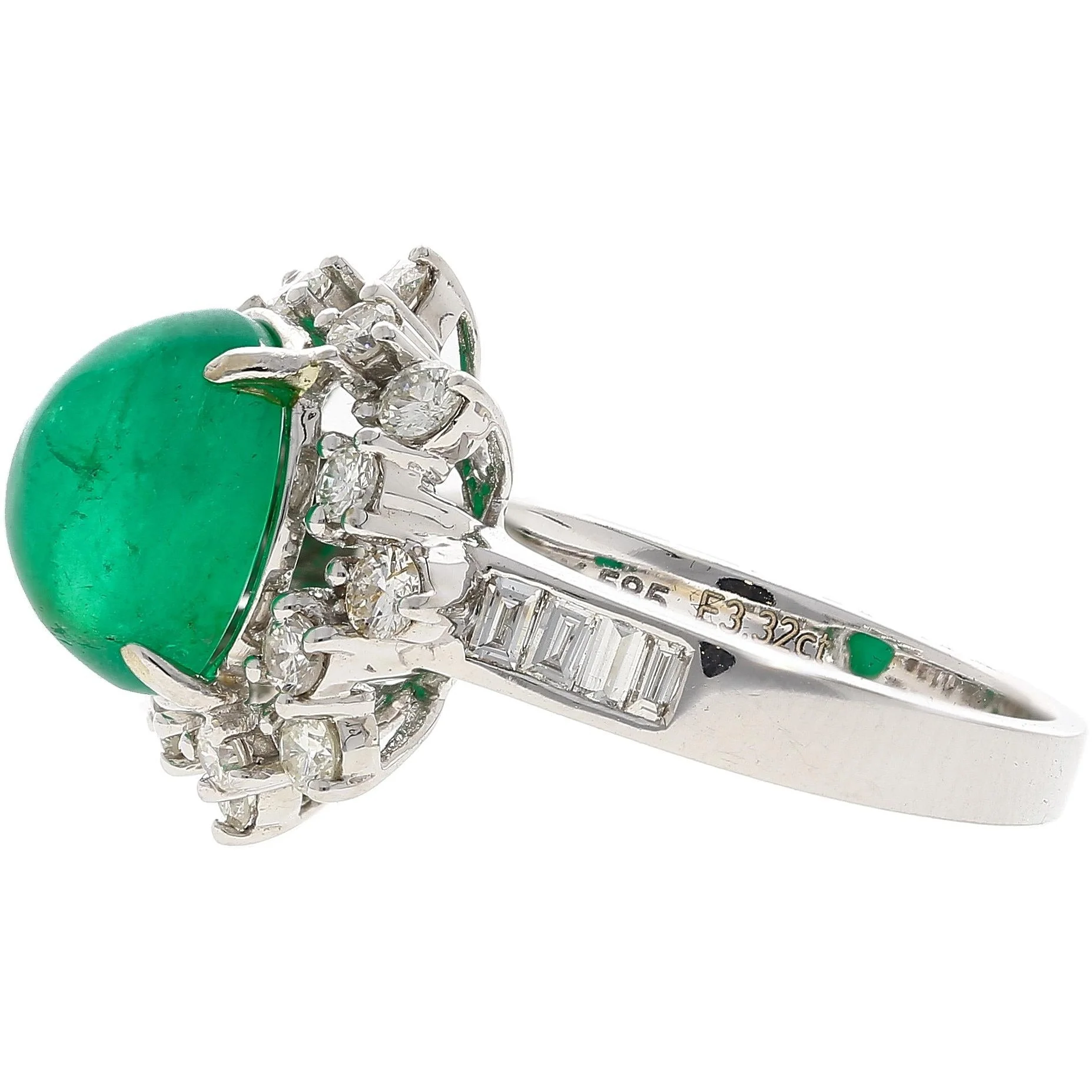 Vintage 3.32 Carat Cabochon Emerald and Diamond Halo Ring in 14K White Gold - Image 4