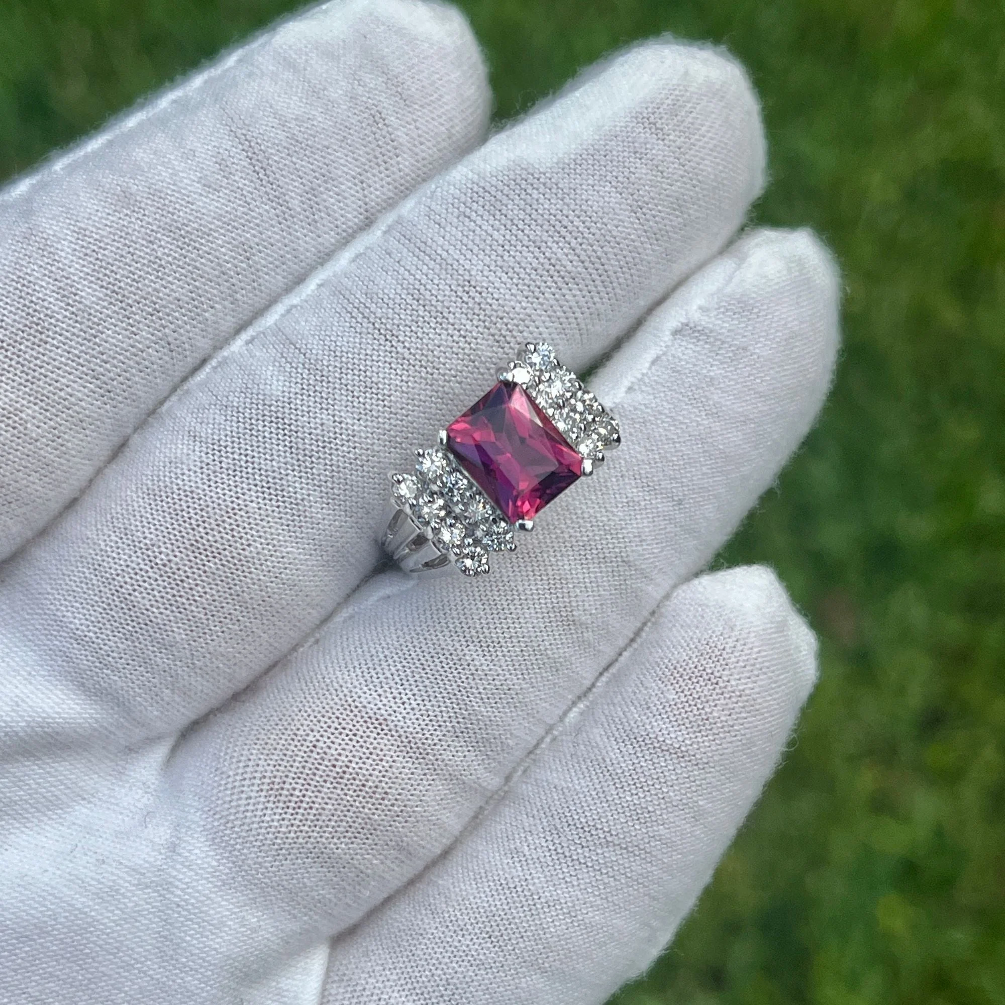 Vintage 3 Carat Radiant Cut Vivid Pink/Purple Tourmaline and Diamond Platinum Ring - Image 10