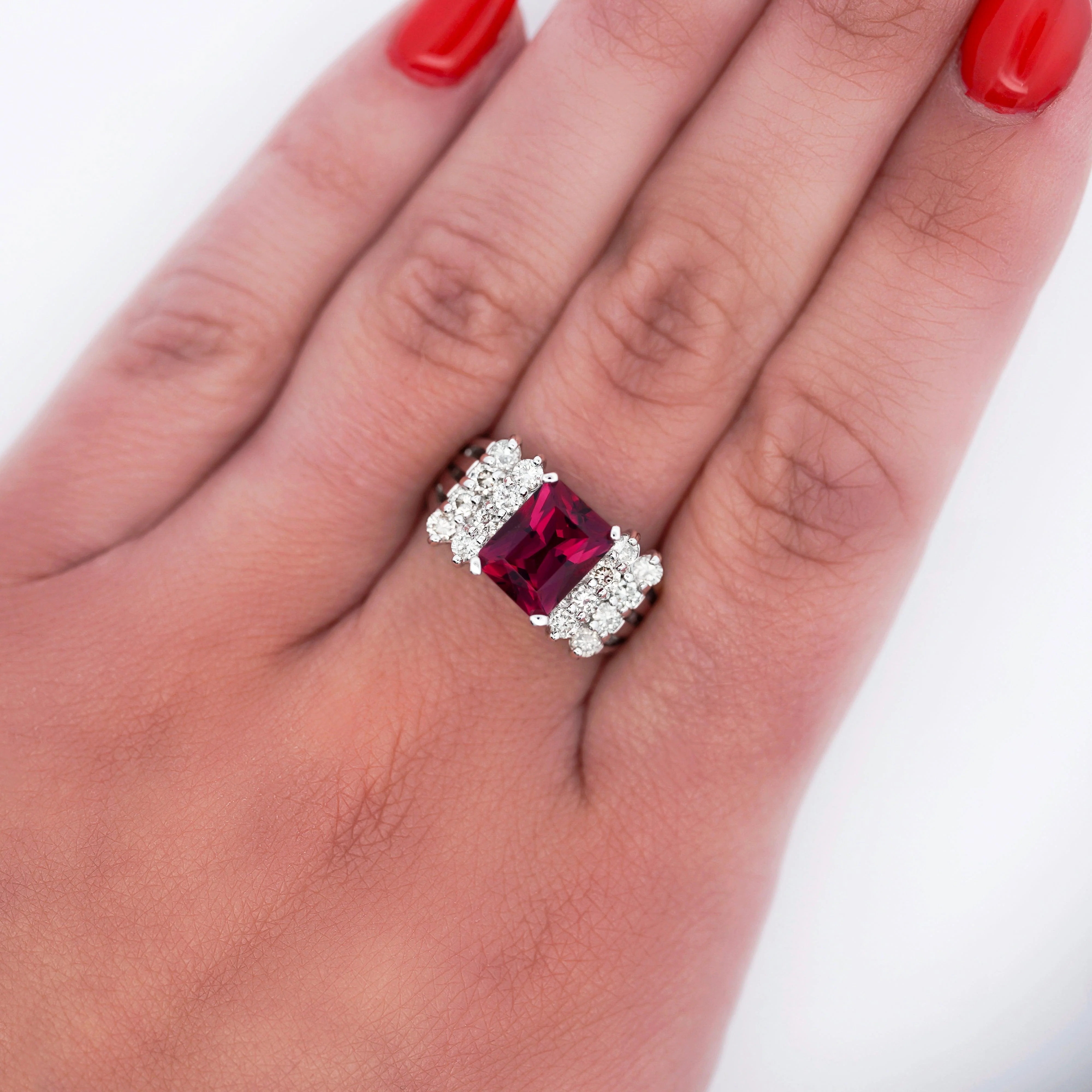 Vintage 3 Carat Radiant Cut Vivid Pink/Purple Tourmaline and Diamond Platinum Ring - Image 11