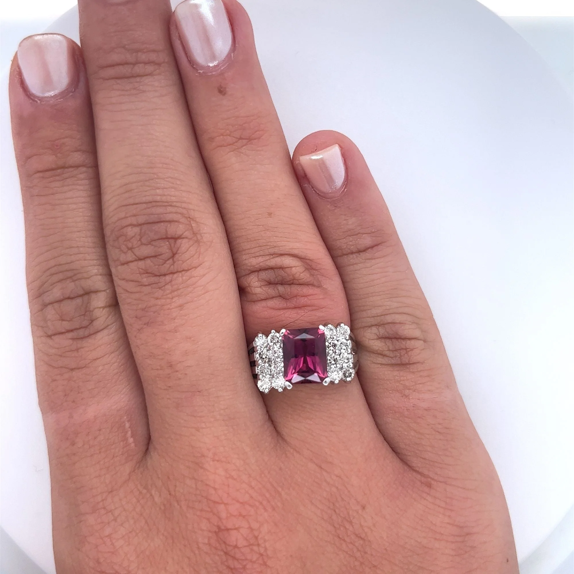 Vintage 3 Carat Radiant Cut Vivid Pink/Purple Tourmaline and Diamond Platinum Ring - Image 2