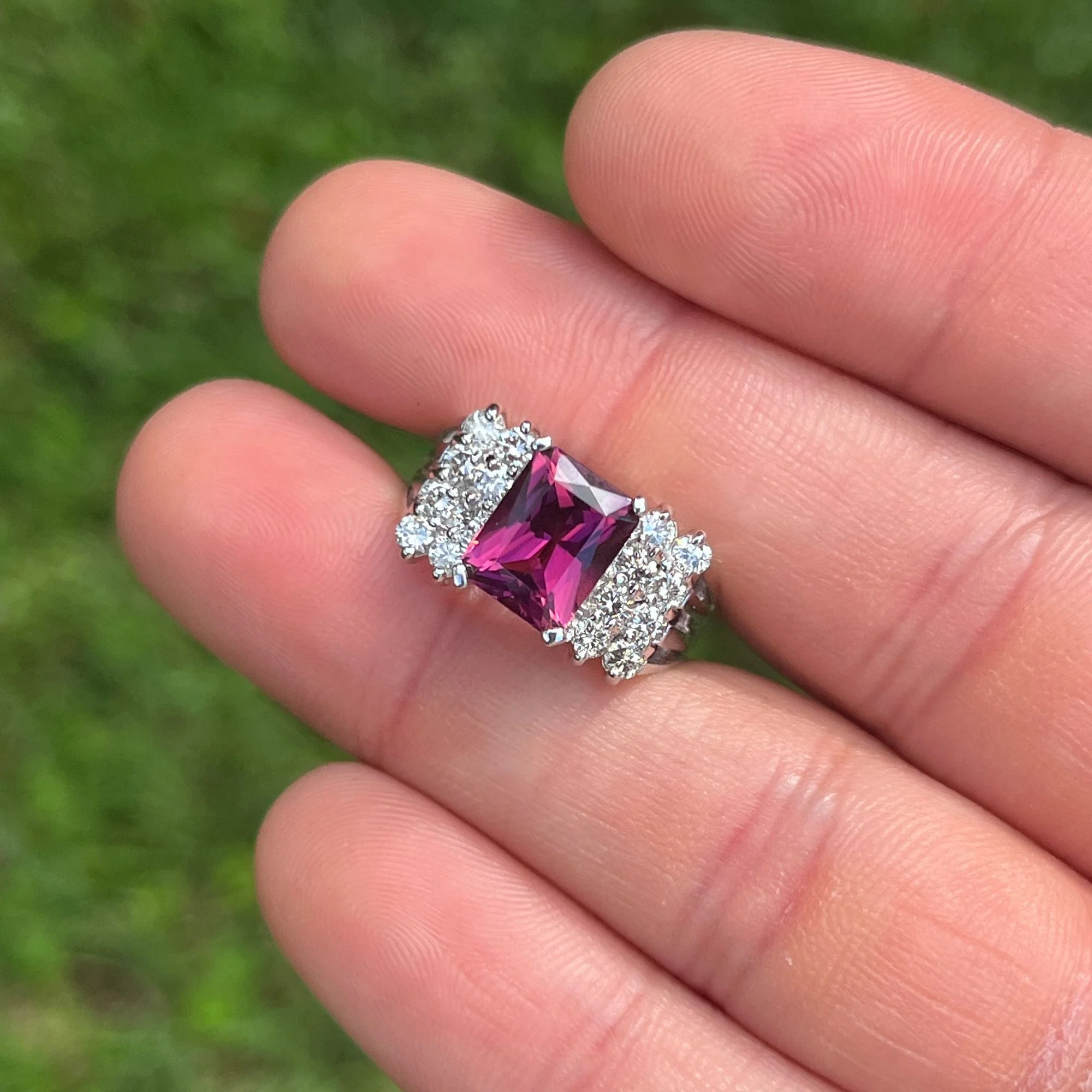 Vintage 3 Carat Radiant Cut Vivid Pink/Purple Tourmaline and Diamond Platinum Ring - Image 3