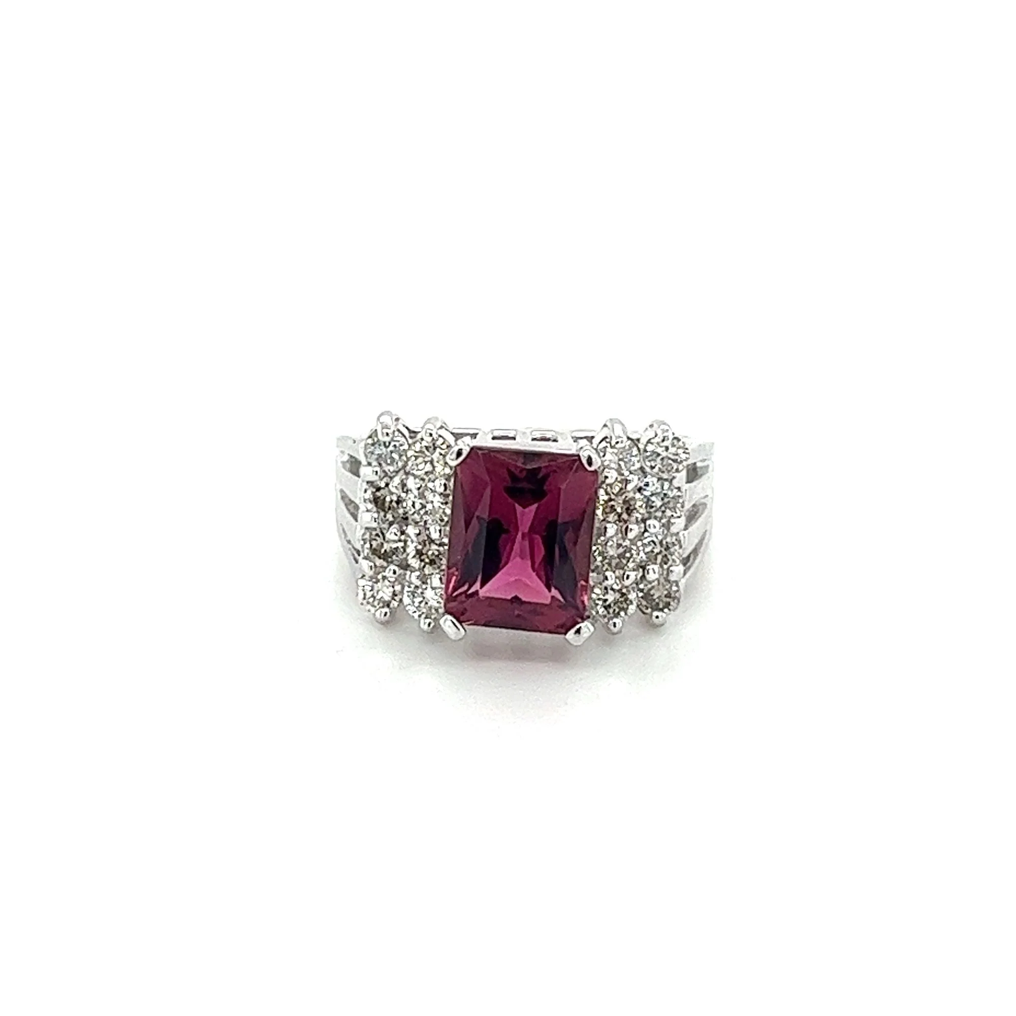 Vintage 3 Carat Radiant Cut Vivid Pink/Purple Tourmaline and Diamond Platinum Ring - Image 4
