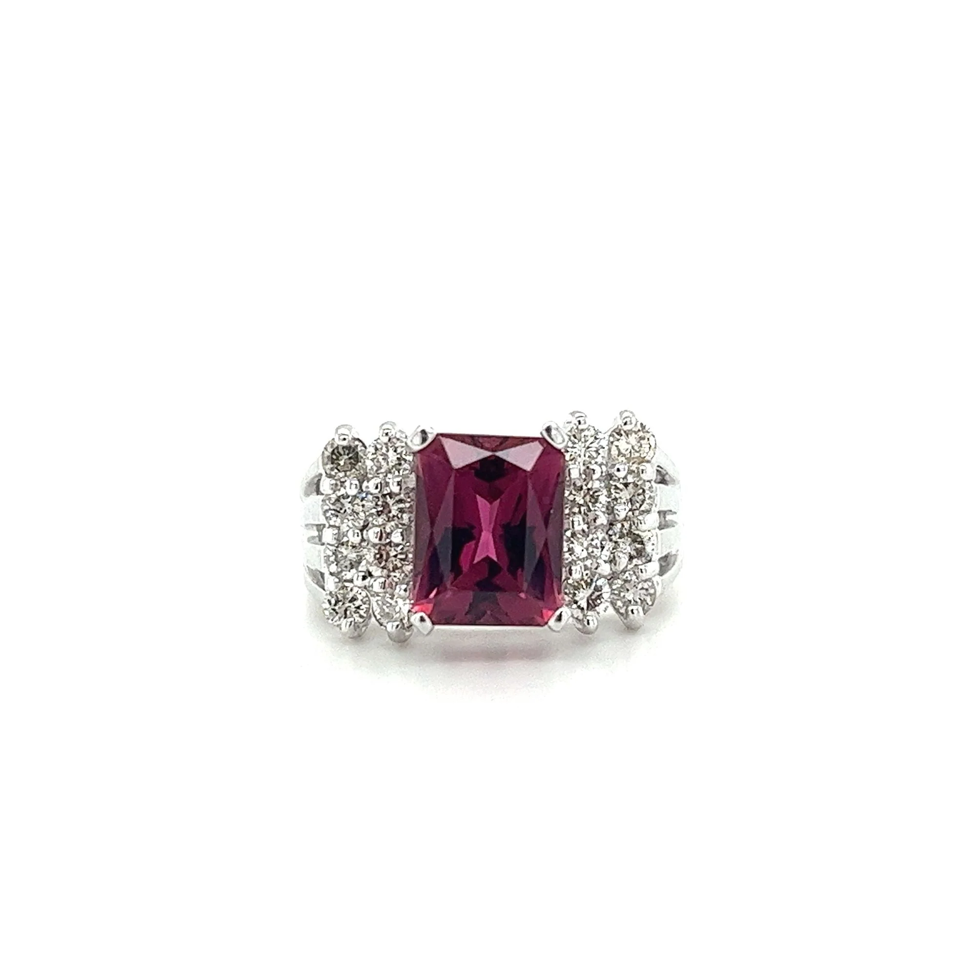 Vintage 3 Carat Radiant Cut Vivid Pink/Purple Tourmaline and Diamond Platinum Ring - Image 5