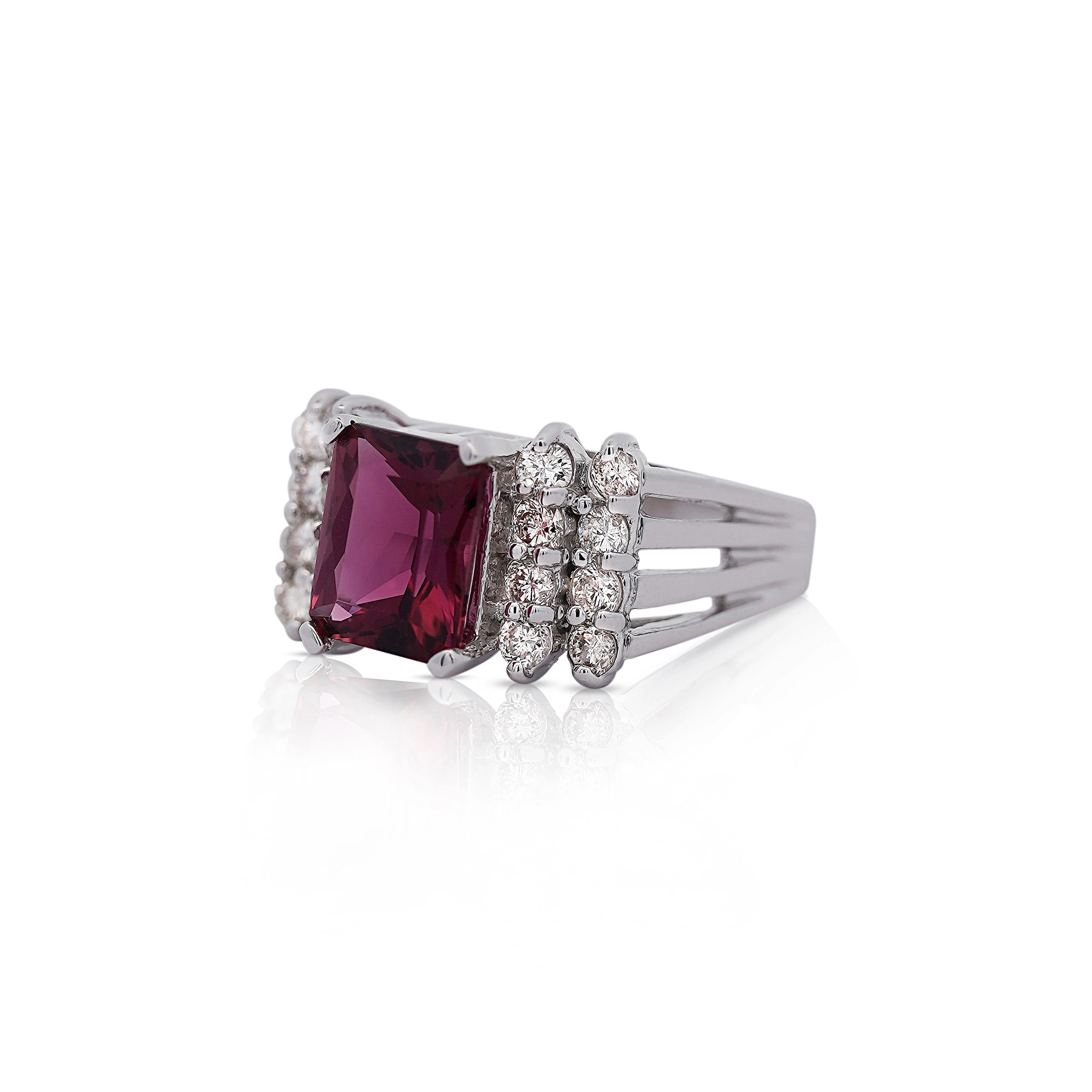 Vintage 3 Carat Radiant Cut Vivid Pink/Purple Tourmaline and Diamond Platinum Ring - Image 6