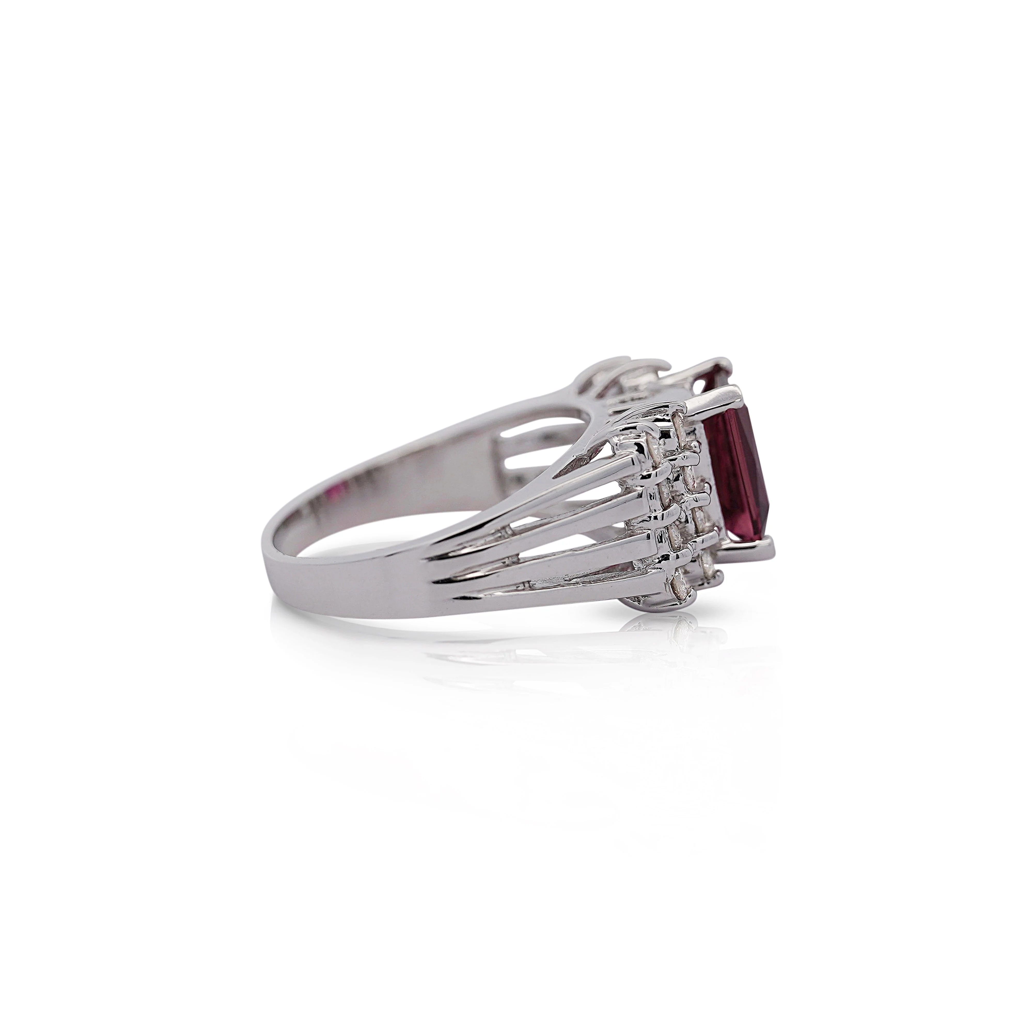 Vintage 3 Carat Radiant Cut Vivid Pink/Purple Tourmaline and Diamond Platinum Ring - Image 7