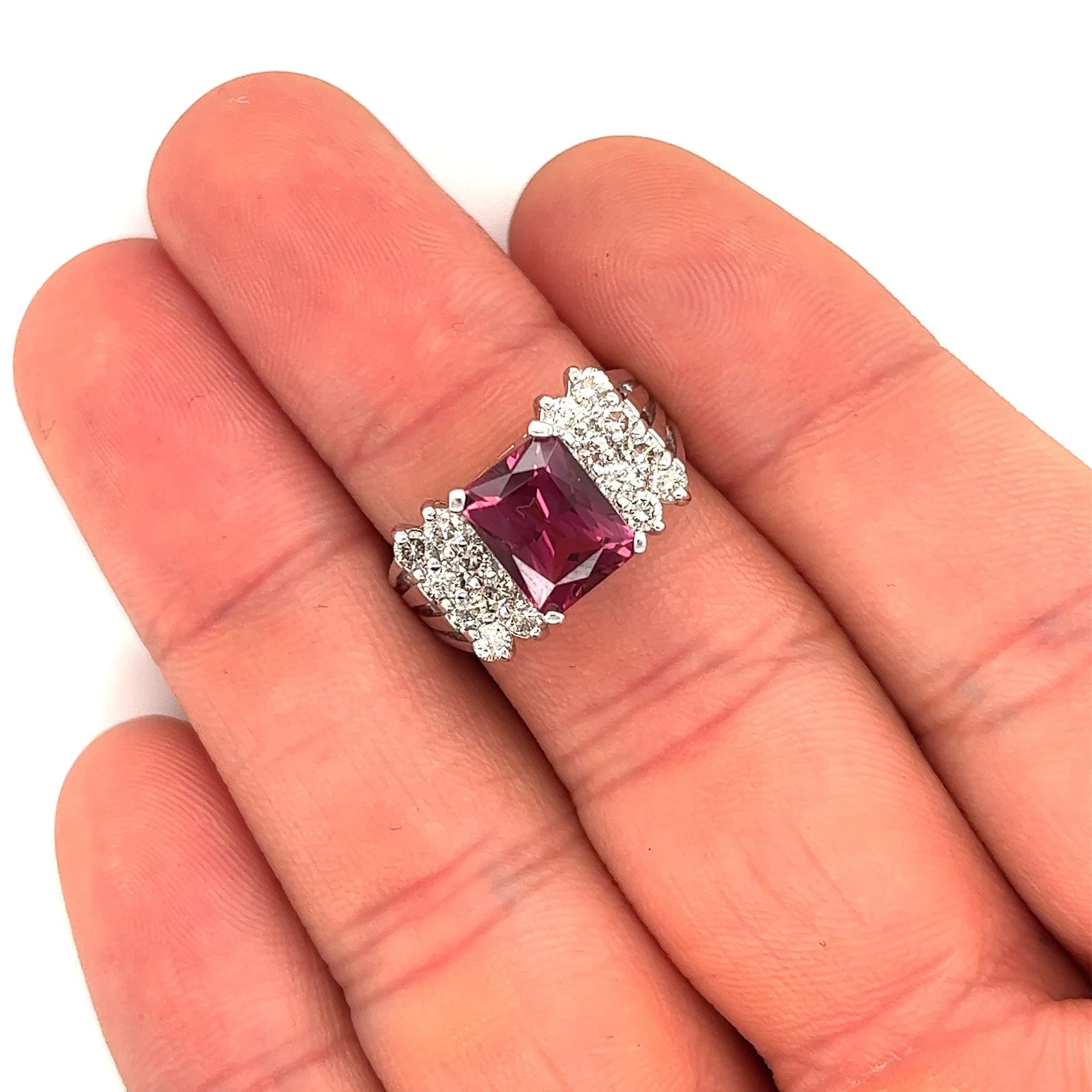 Vintage 3 Carat Radiant Cut Vivid Pink/Purple Tourmaline and Diamond Platinum Ring - Image 9
