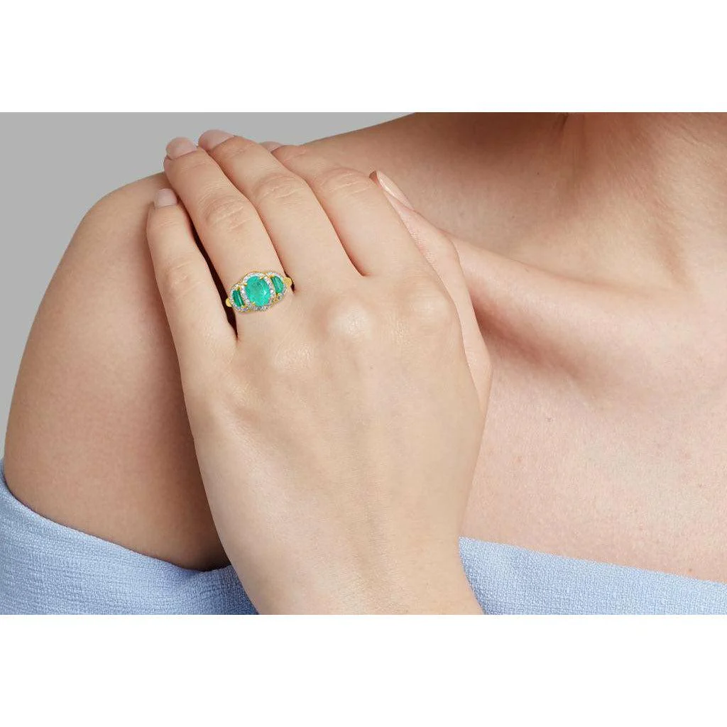 Vintage 3 Stone Oval Cut Colombian Emerald Ring in 18K Yellow Gold - Image 3