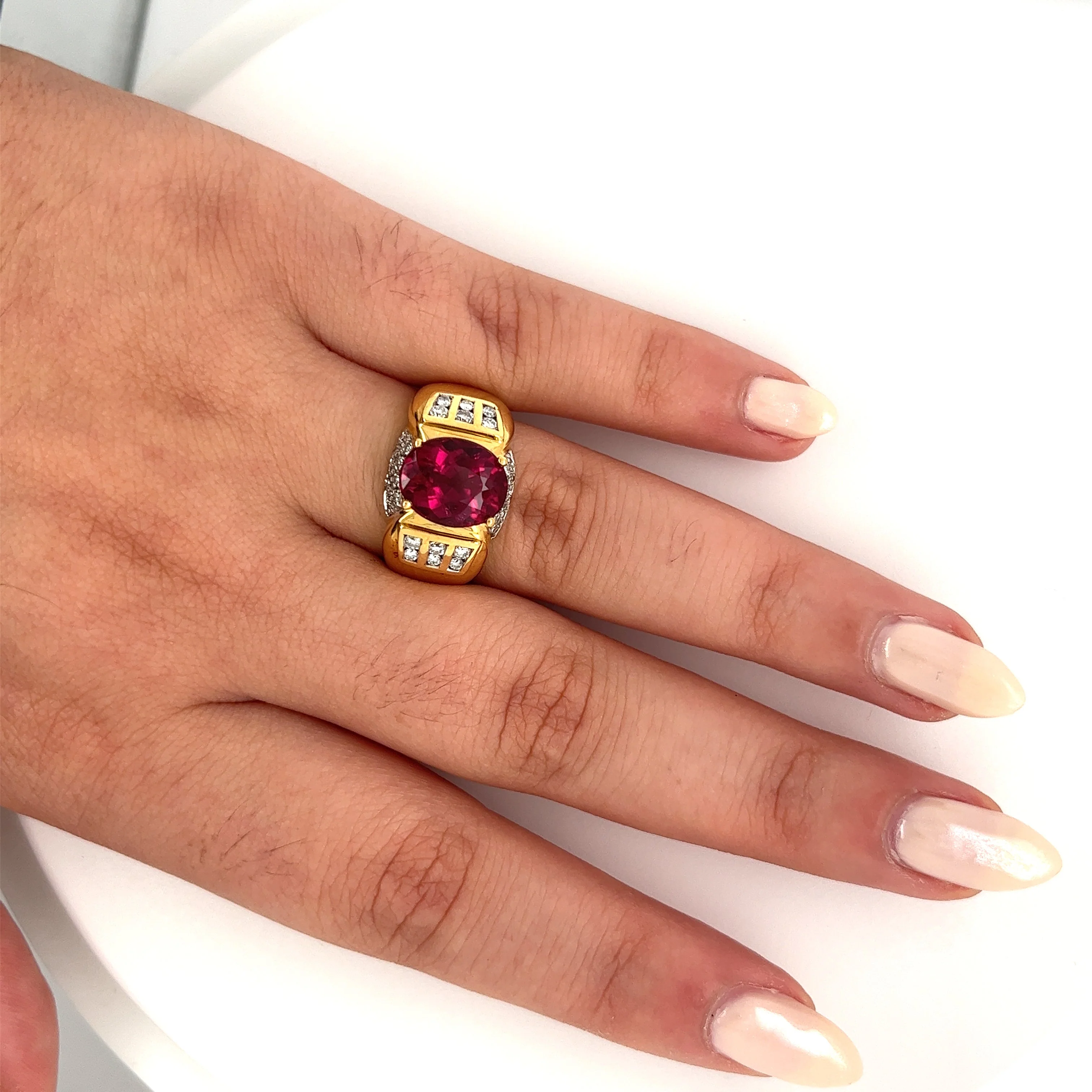 Vintage 4.5 Carat Oval Natural Rubellite Tourmaline & Diamond 18k Ring - Image 3
