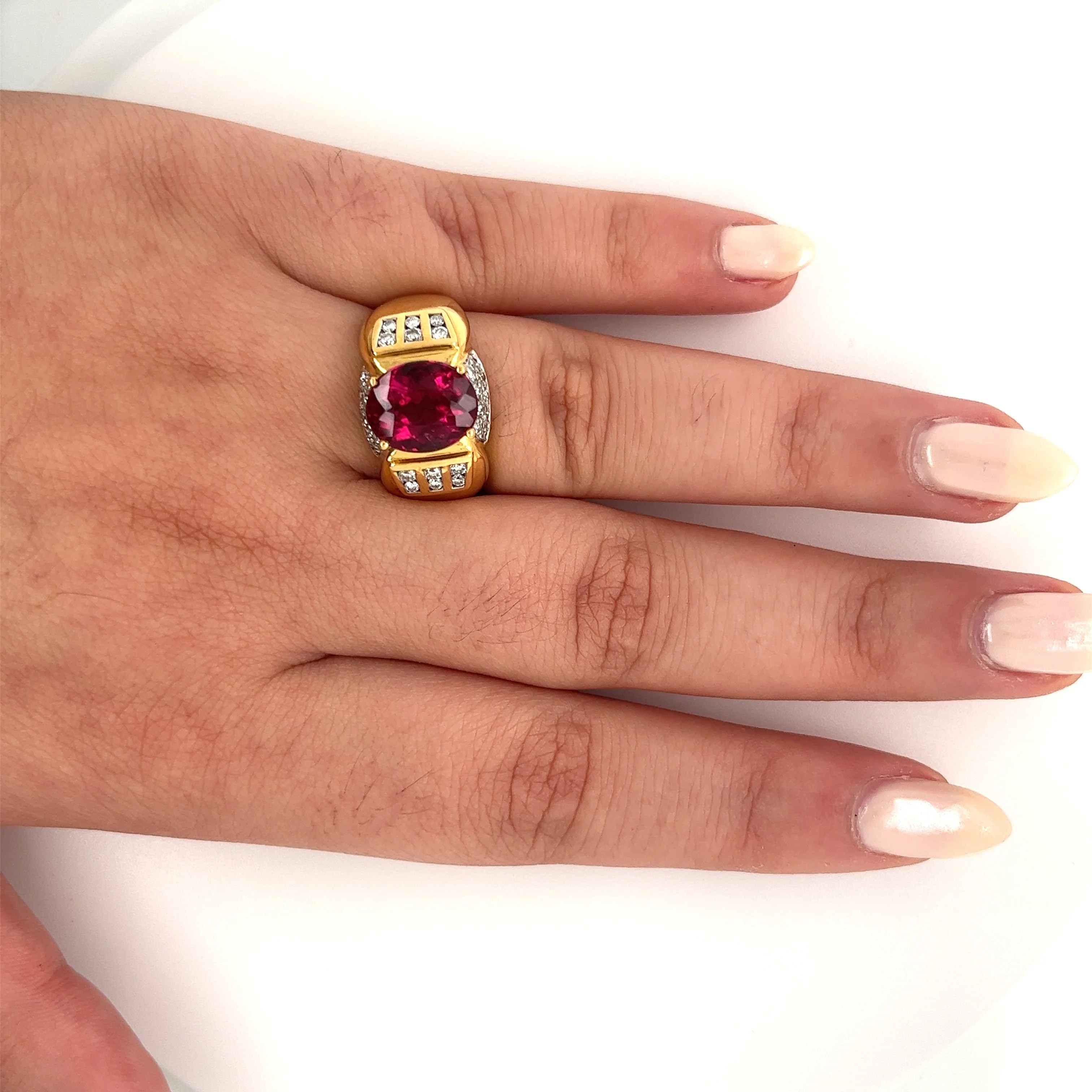 Vintage 4.5 Carat Oval Natural Rubellite Tourmaline & Diamond 18k Ring - Image 4