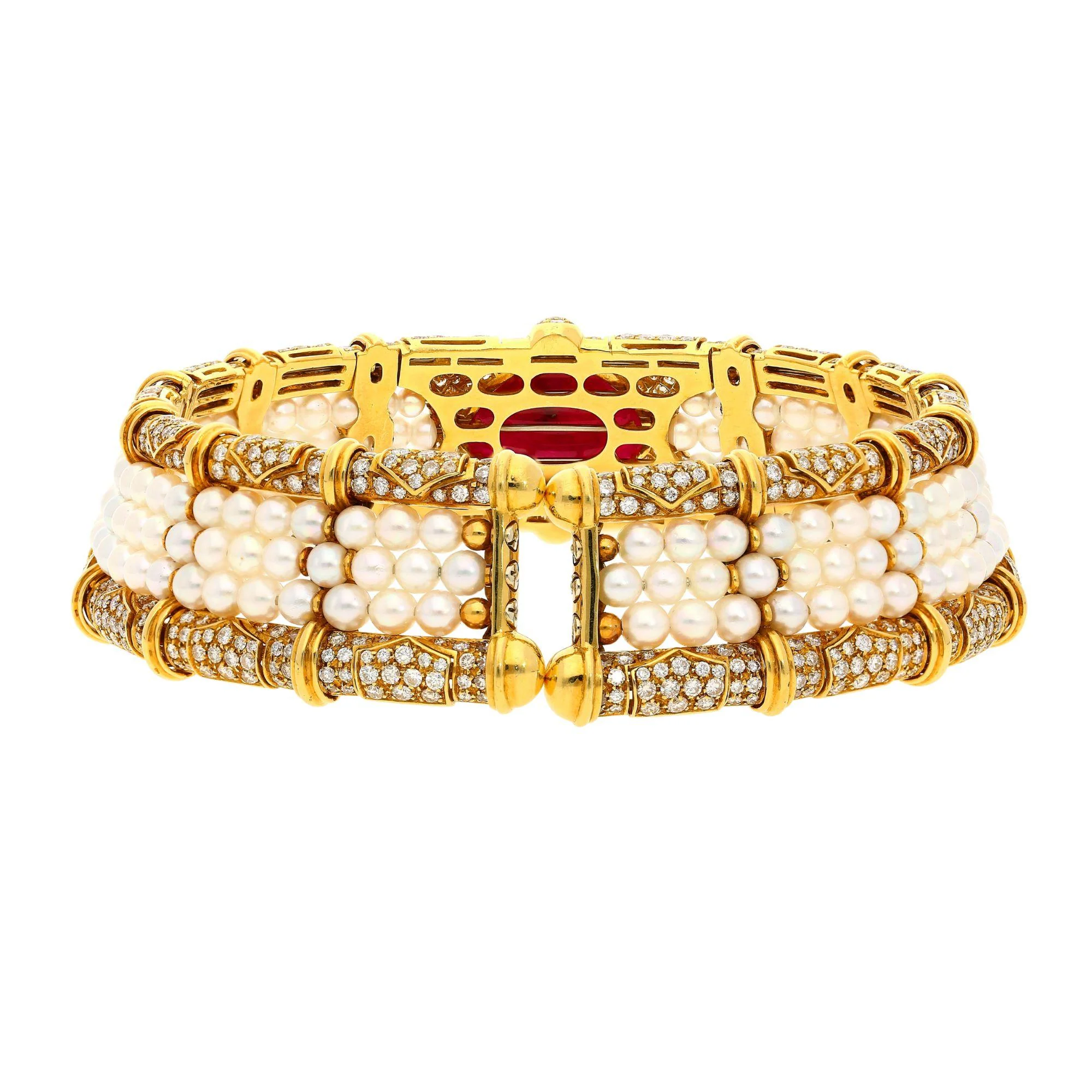 Vintage 45 Carat No Heat Ruby, Diamond, and Pearl Cuff Choker Necklace - Image 2