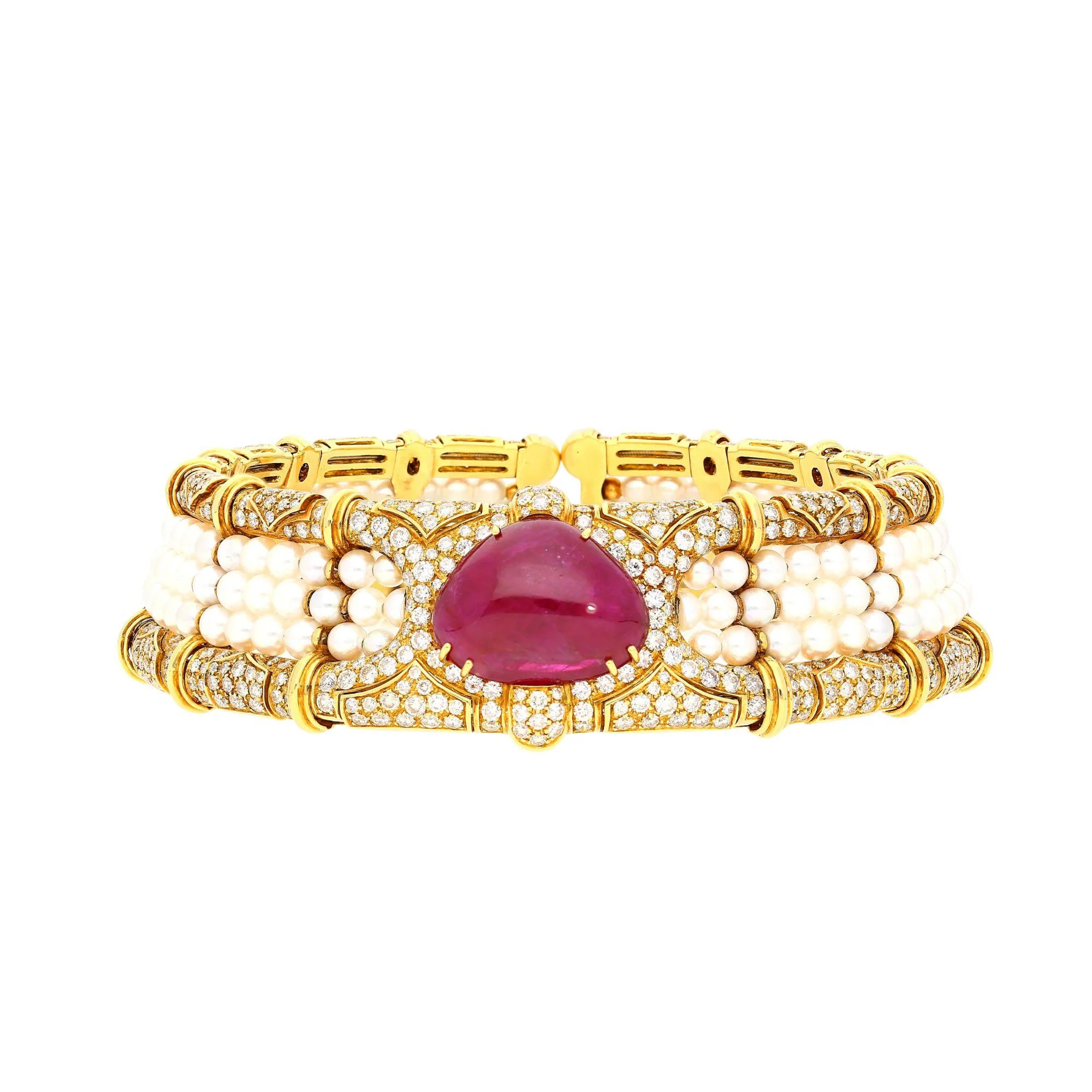 Vintage 45 Carat No Heat Ruby, Diamond, and Pearl Cuff Choker Necklace - Image 3
