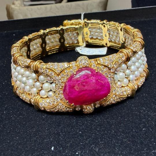 Vintage 45 Carat No Heat Ruby, Diamond, and Pearl Cuff Choker Necklace - Image 4