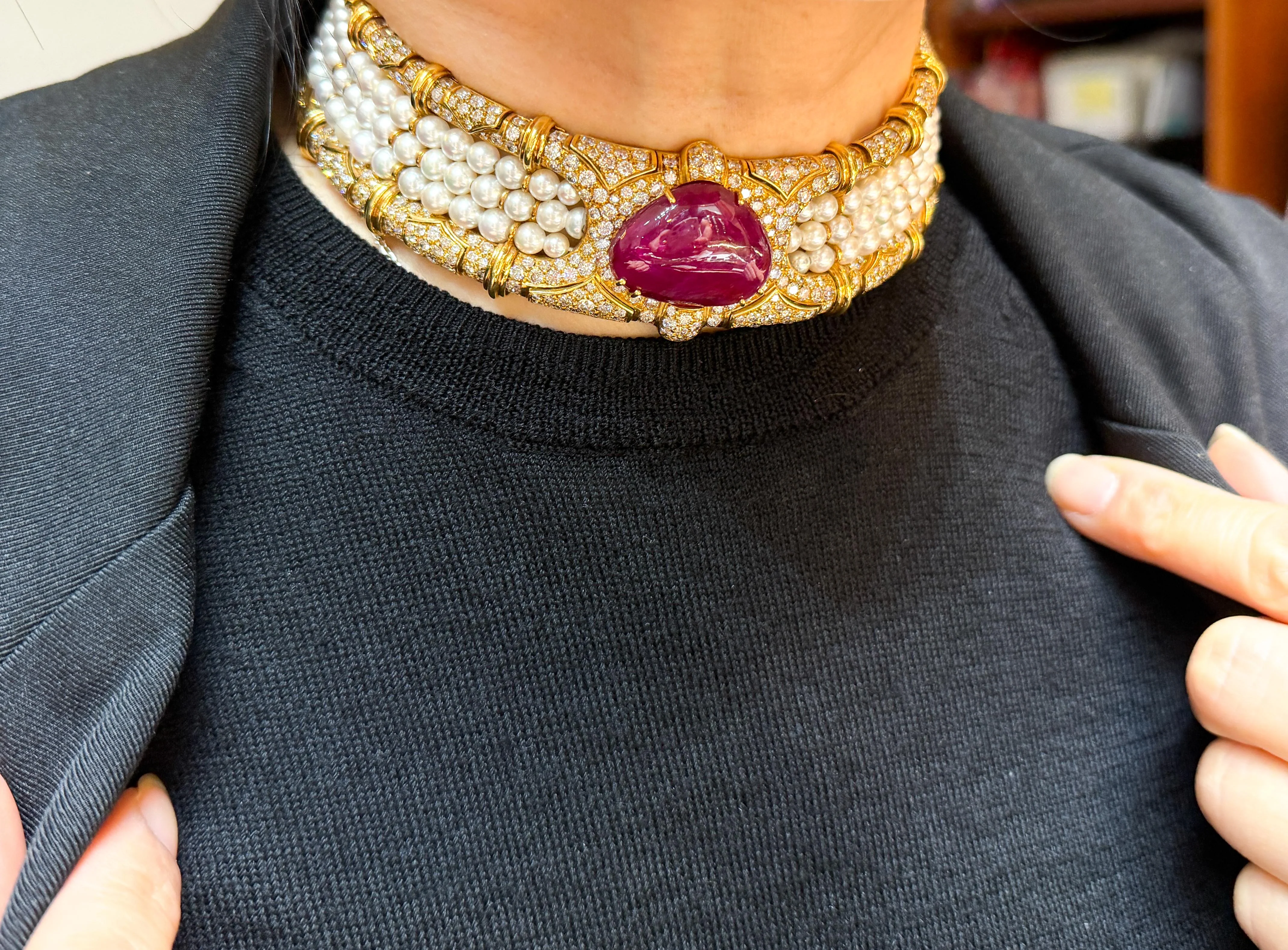 Vintage 45 Carat No Heat Ruby, Diamond, and Pearl Cuff Choker Necklace - Image 7