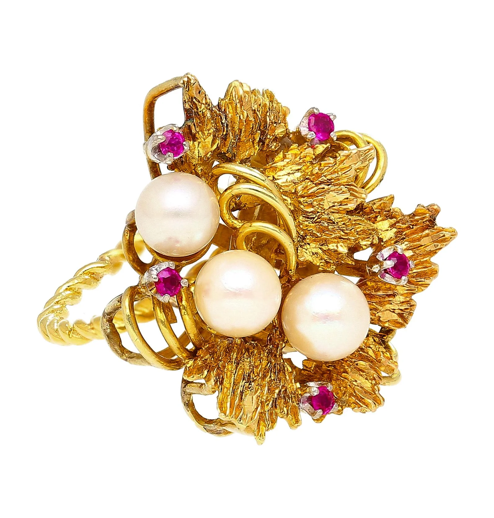 Vintage 5mm Pearl & Ruby Floral Cluster 18K Gold Twisted Shank Cocktail Ring - Image 3