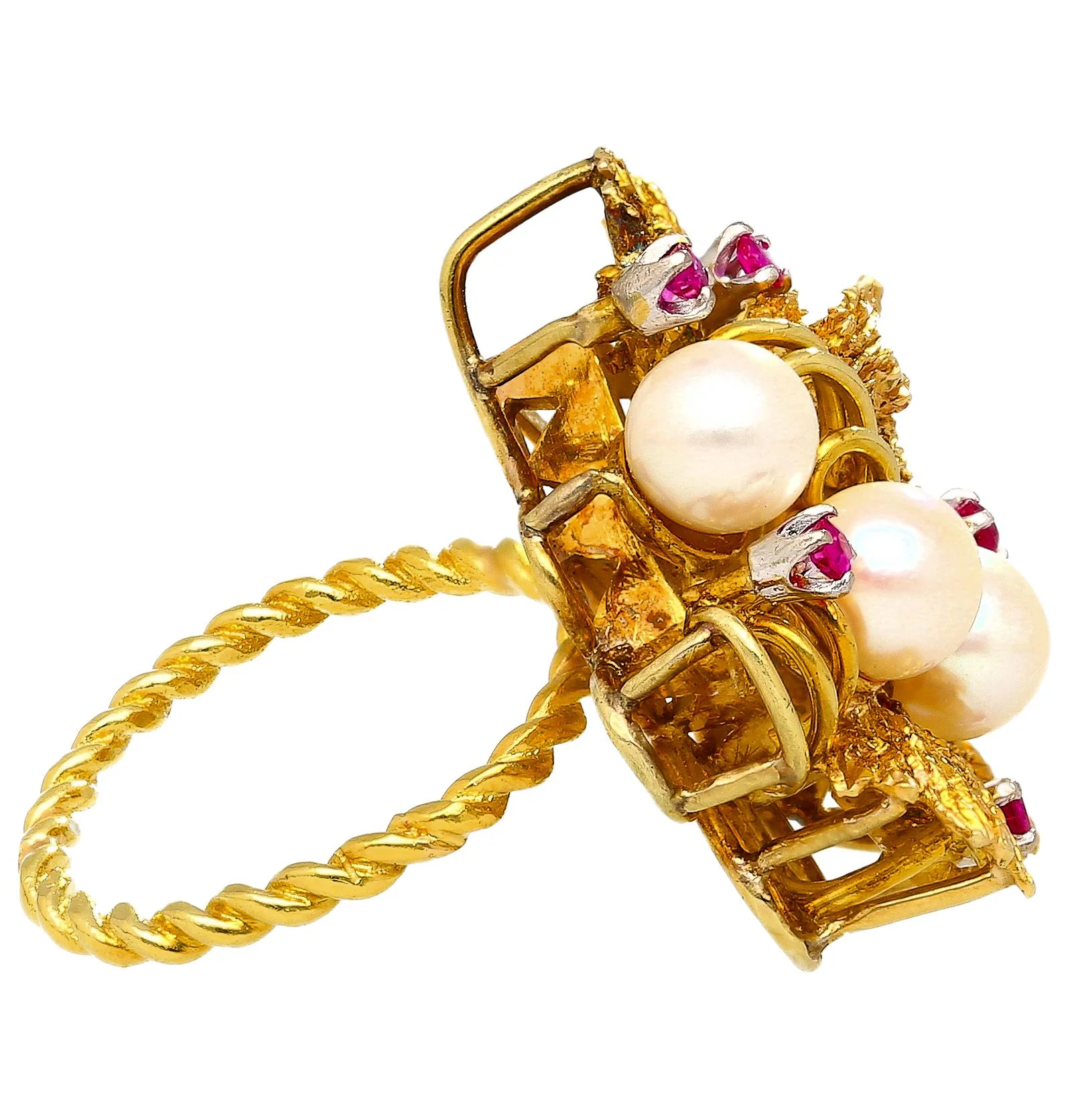 Vintage 5mm Pearl & Ruby Floral Cluster 18K Gold Twisted Shank Cocktail Ring - Image 4