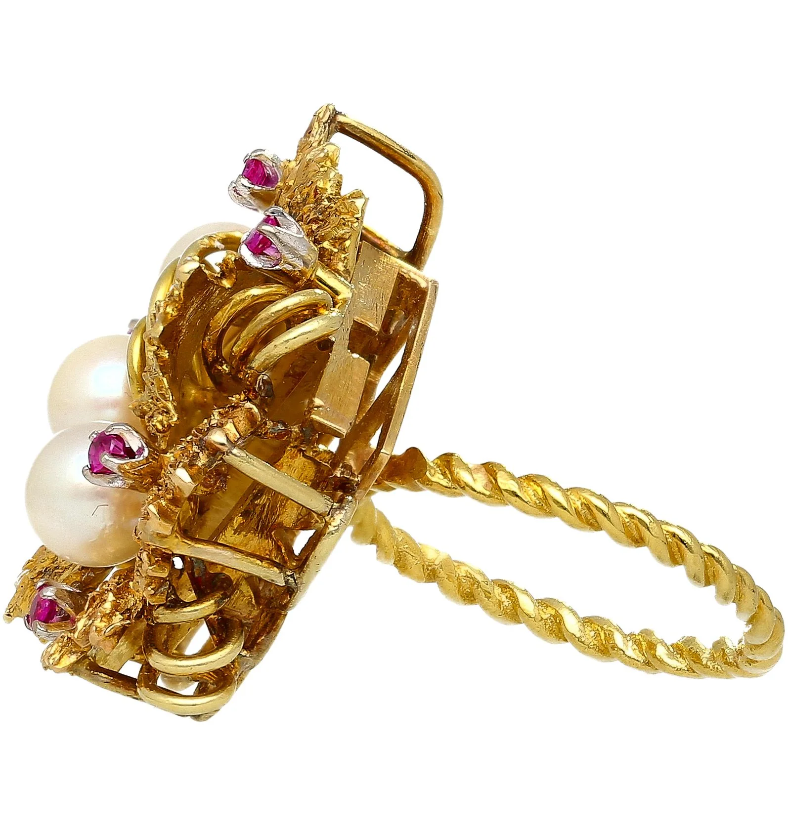 Vintage 5mm Pearl & Ruby Floral Cluster 18K Gold Twisted Shank Cocktail Ring - Image 5