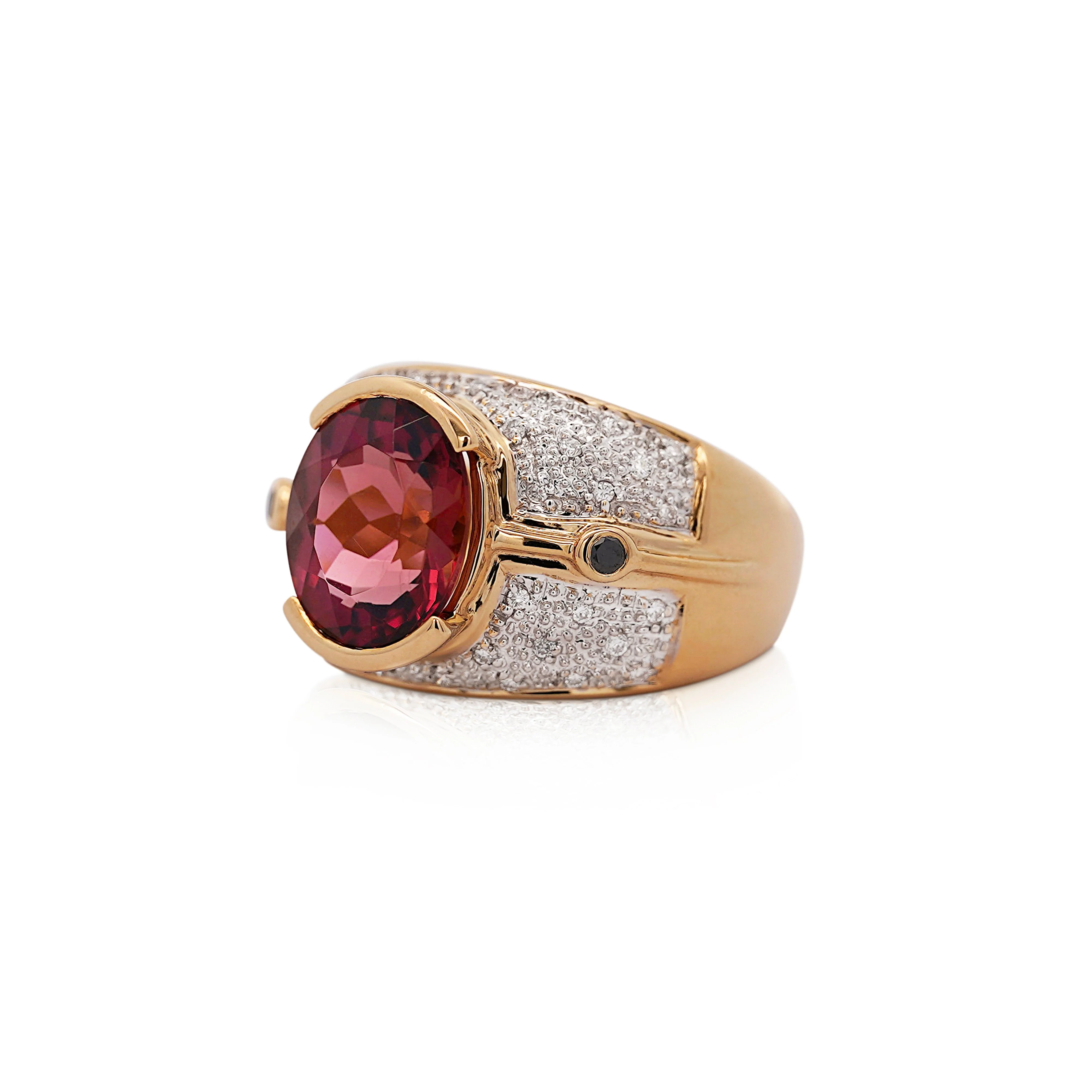 Vintage 6 Carat Pinkish Red Oval Cut Tourmaline Bezel Set Unisex Ring in 18K Yellow Gold - Image 8