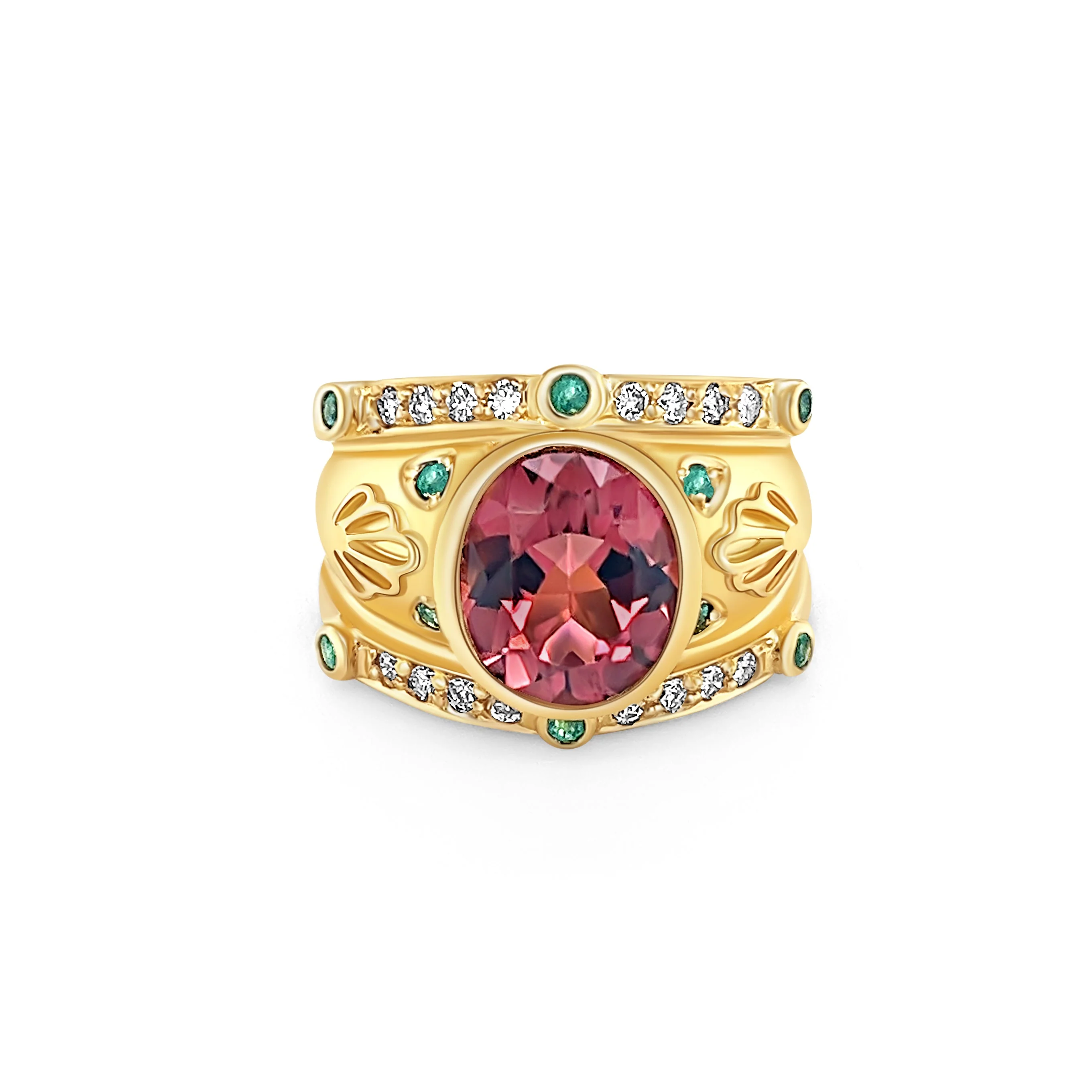Vintage 6 Carat TW Oval Cut Pinkish-Red Tourmaline with Neon Paraiba Tourmaline and Diamond Ring in 18K Gold - Image 10