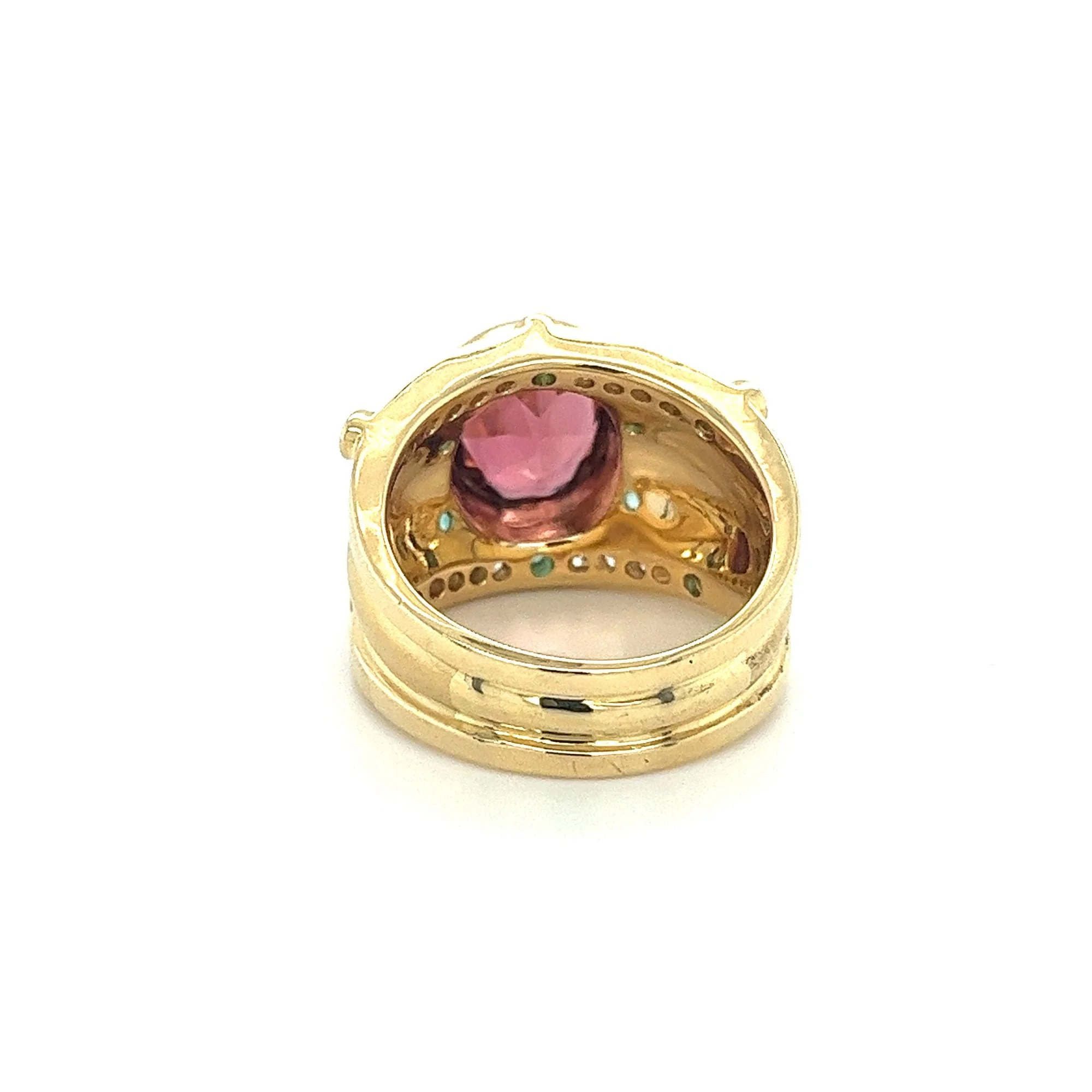 Vintage 6 Carat TW Oval Cut Pinkish-Red Tourmaline with Neon Paraiba Tourmaline and Diamond Ring in 18K Gold - Image 11