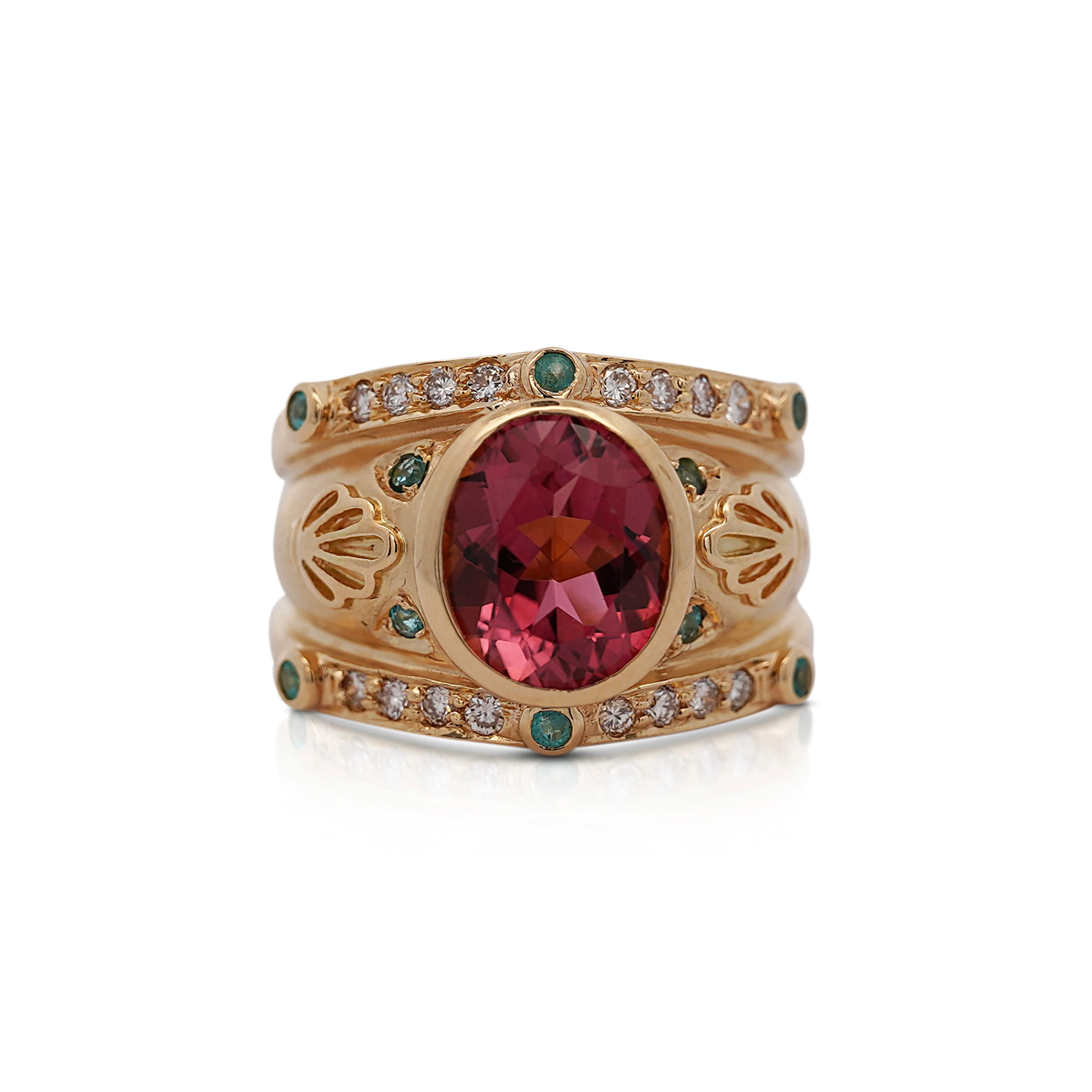 Vintage 6 Carat TW Oval Cut Pinkish-Red Tourmaline with Neon Paraiba Tourmaline and Diamond Ring in 18K Gold - Image 13