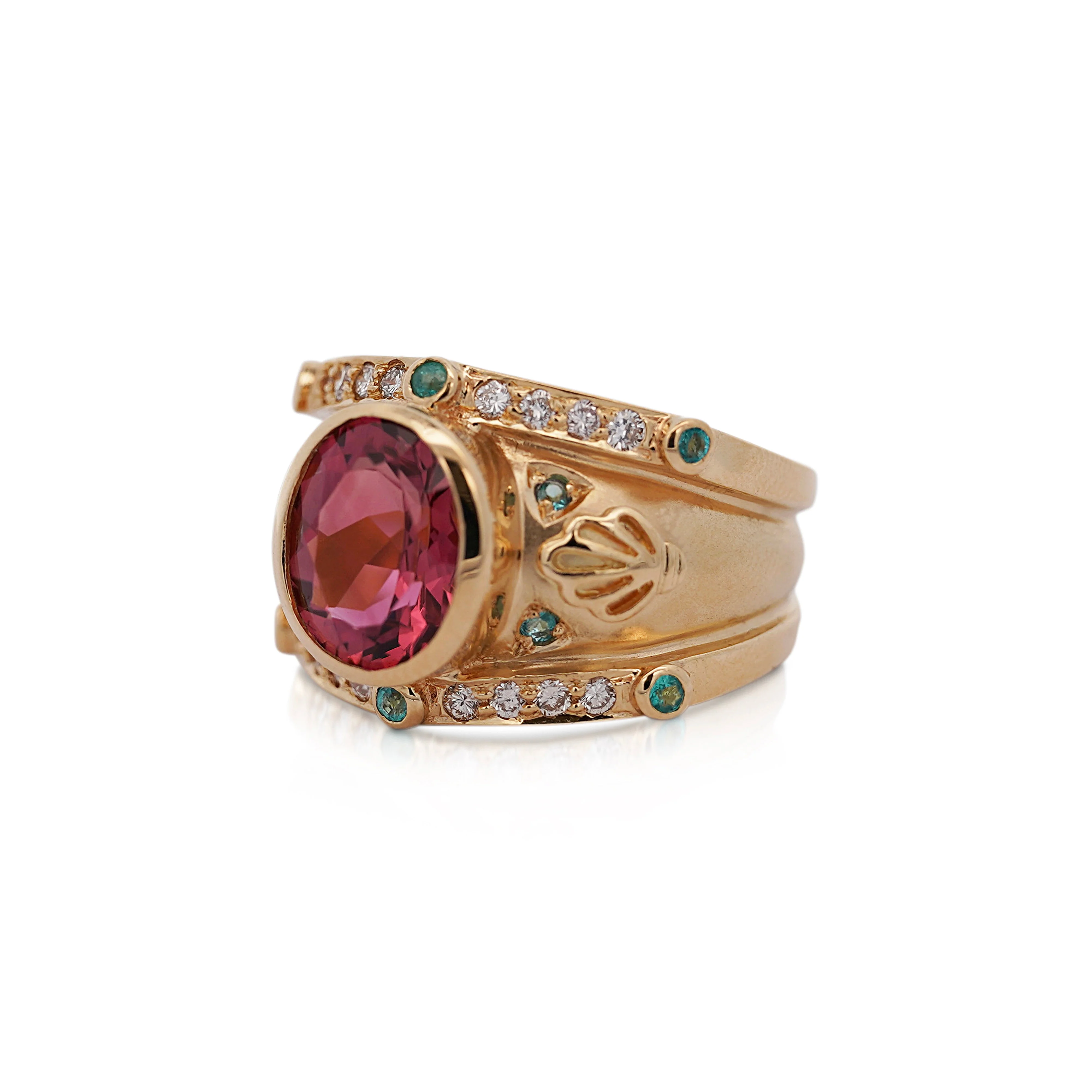 Vintage 6 Carat TW Oval Cut Pinkish-Red Tourmaline with Neon Paraiba Tourmaline and Diamond Ring in 18K Gold - Image 14