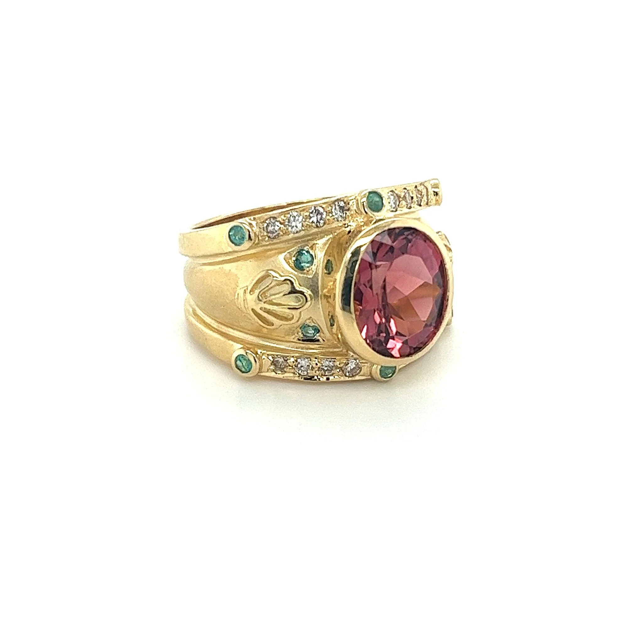 Vintage 6 Carat TW Oval Cut Pinkish-Red Tourmaline with Neon Paraiba Tourmaline and Diamond Ring in 18K Gold - Image 7