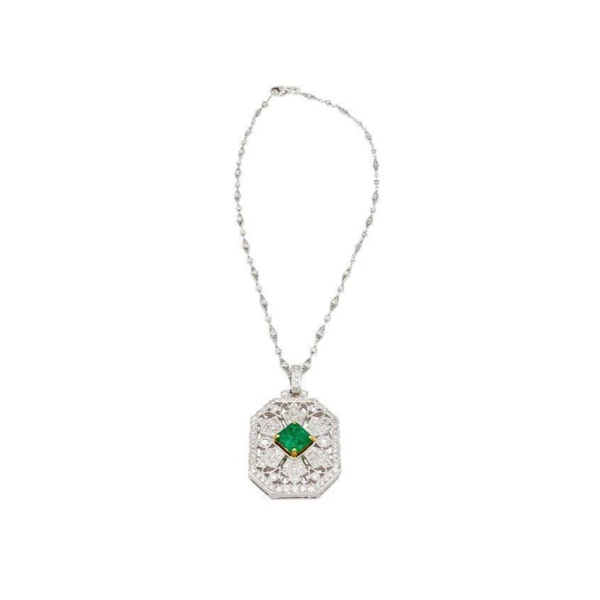 Vintage Carved Platinum 3.16 Carat Vivid Green Minor Oil Emerald Pendant with 4 CTTW in Diamonds - Image 4