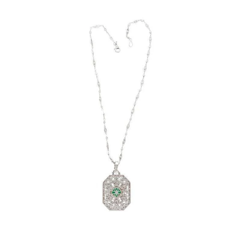 Vintage Carved Platinum 3.16 Carat Vivid Green Minor Oil Emerald Pendant with 4 CTTW in Diamonds - Image 5