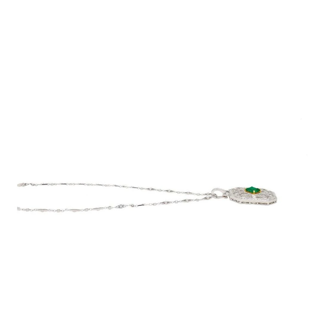 Vintage Carved Platinum 3.16 Carat Vivid Green Minor Oil Emerald Pendant with 4 CTTW in Diamonds - Image 6