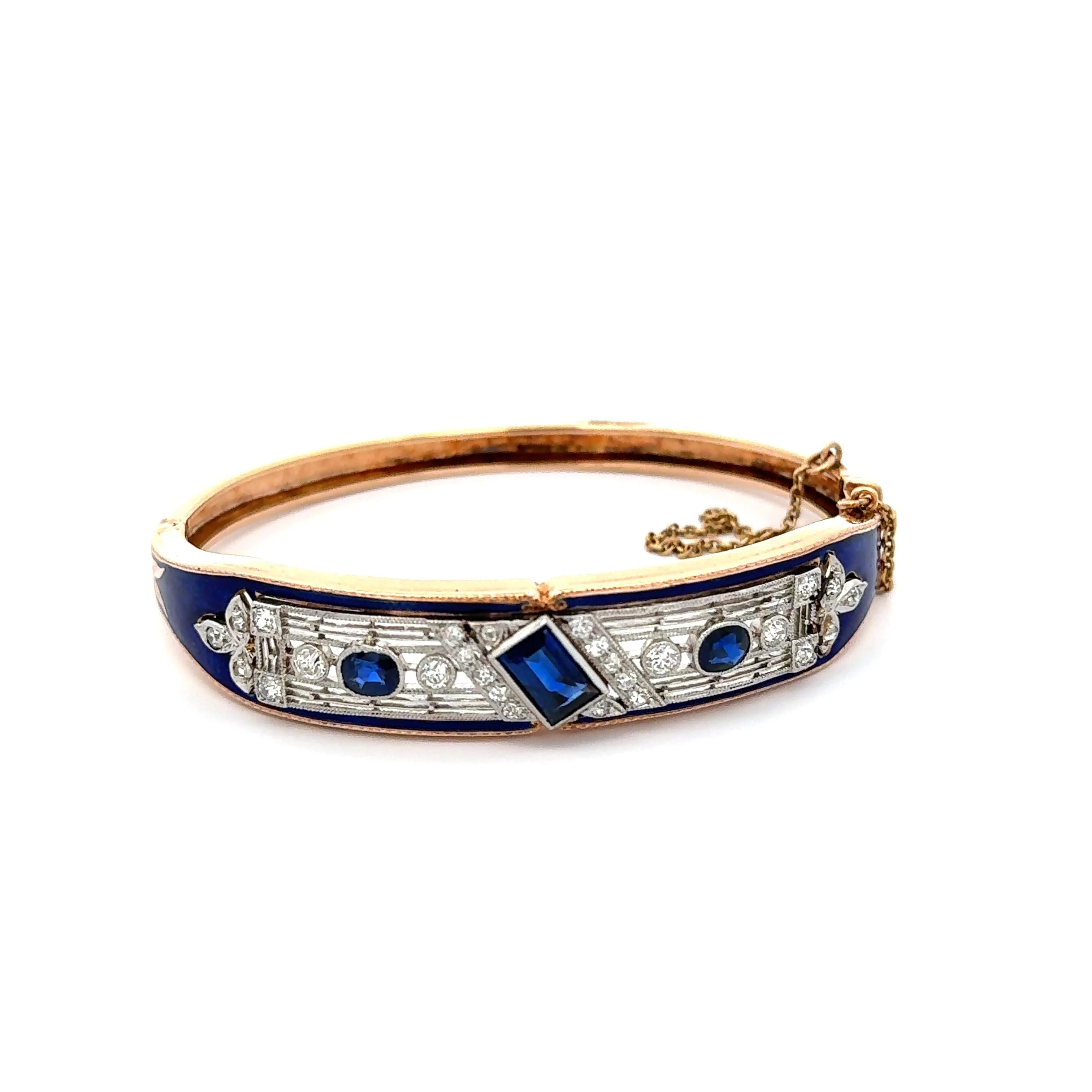 Vintage Art Deco Estate Blue Sapphire, Diamond & Enamel Bangle Bracelet - Image 2