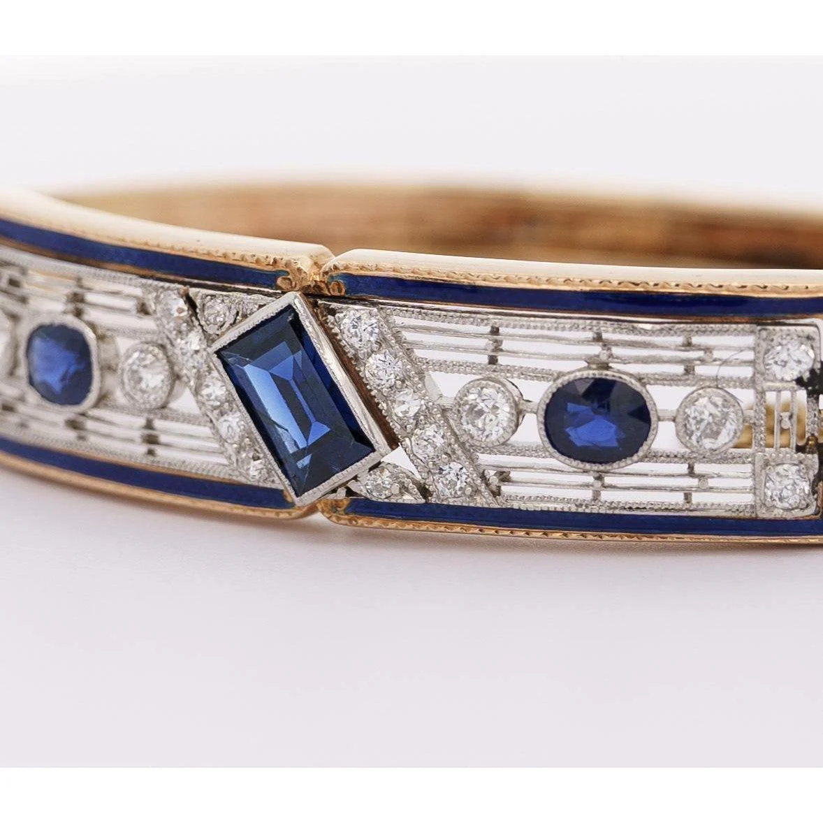 Vintage Art Deco Estate Blue Sapphire, Diamond & Enamel Bangle Bracelet - Image 3