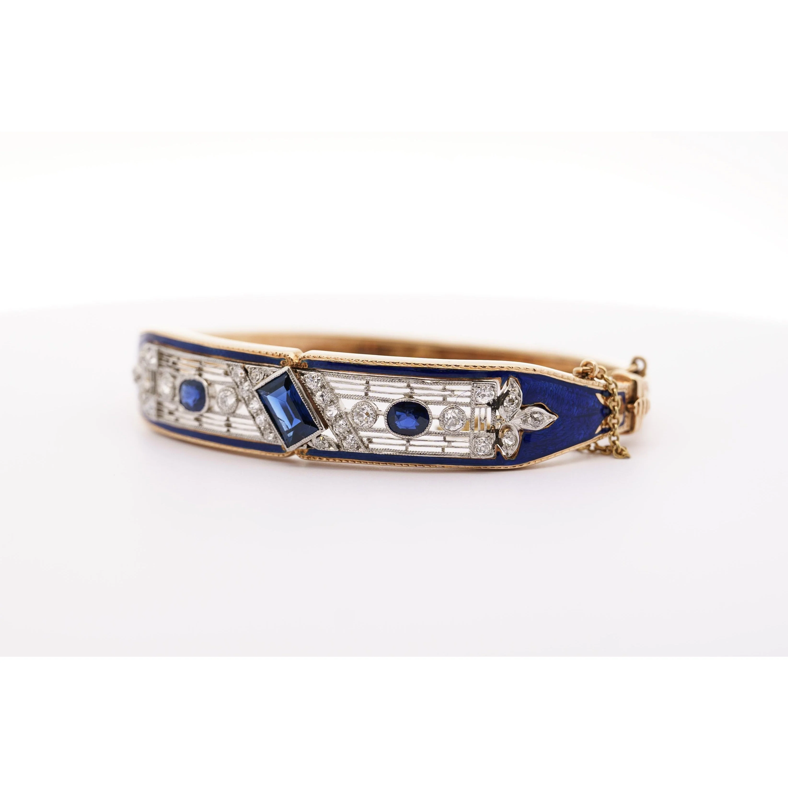 Vintage Art Deco Estate Blue Sapphire, Diamond & Enamel Bangle Bracelet - Image 4