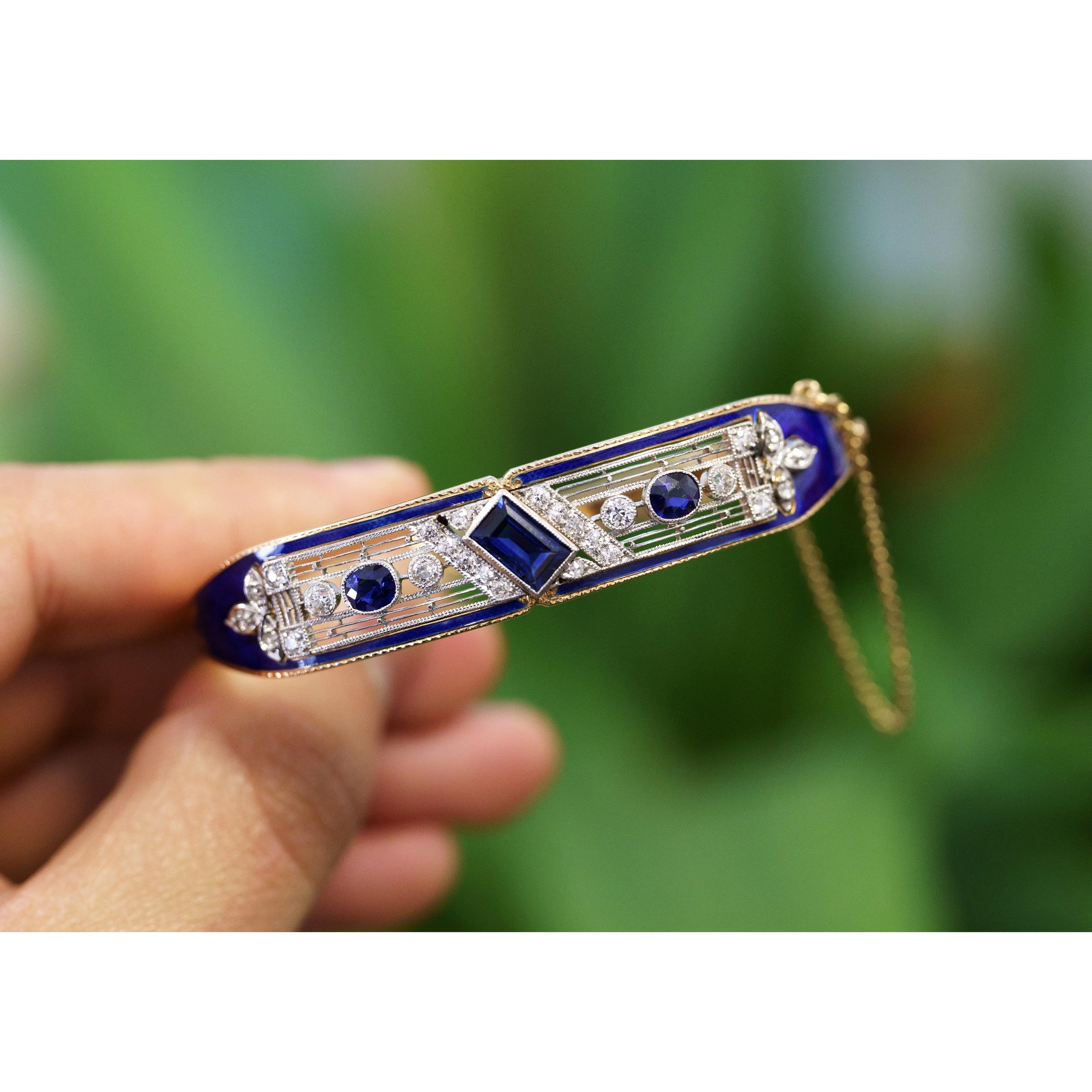 Vintage Art Deco Estate Blue Sapphire, Diamond & Enamel Bangle Bracelet - Image 5