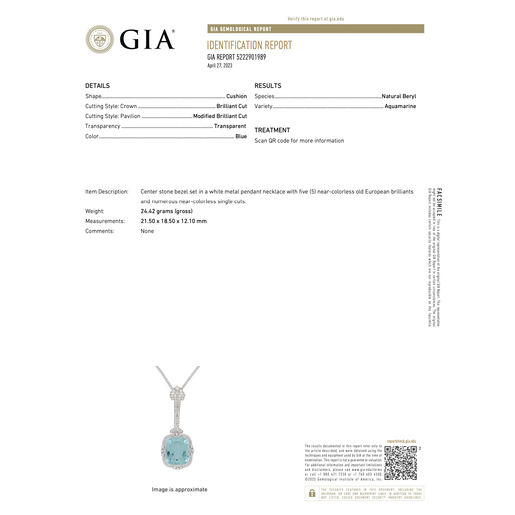 Vintage Art Deco Era GIA Certified Aquamarine and Old Euro Cut Diamond Necklace - Image 2
