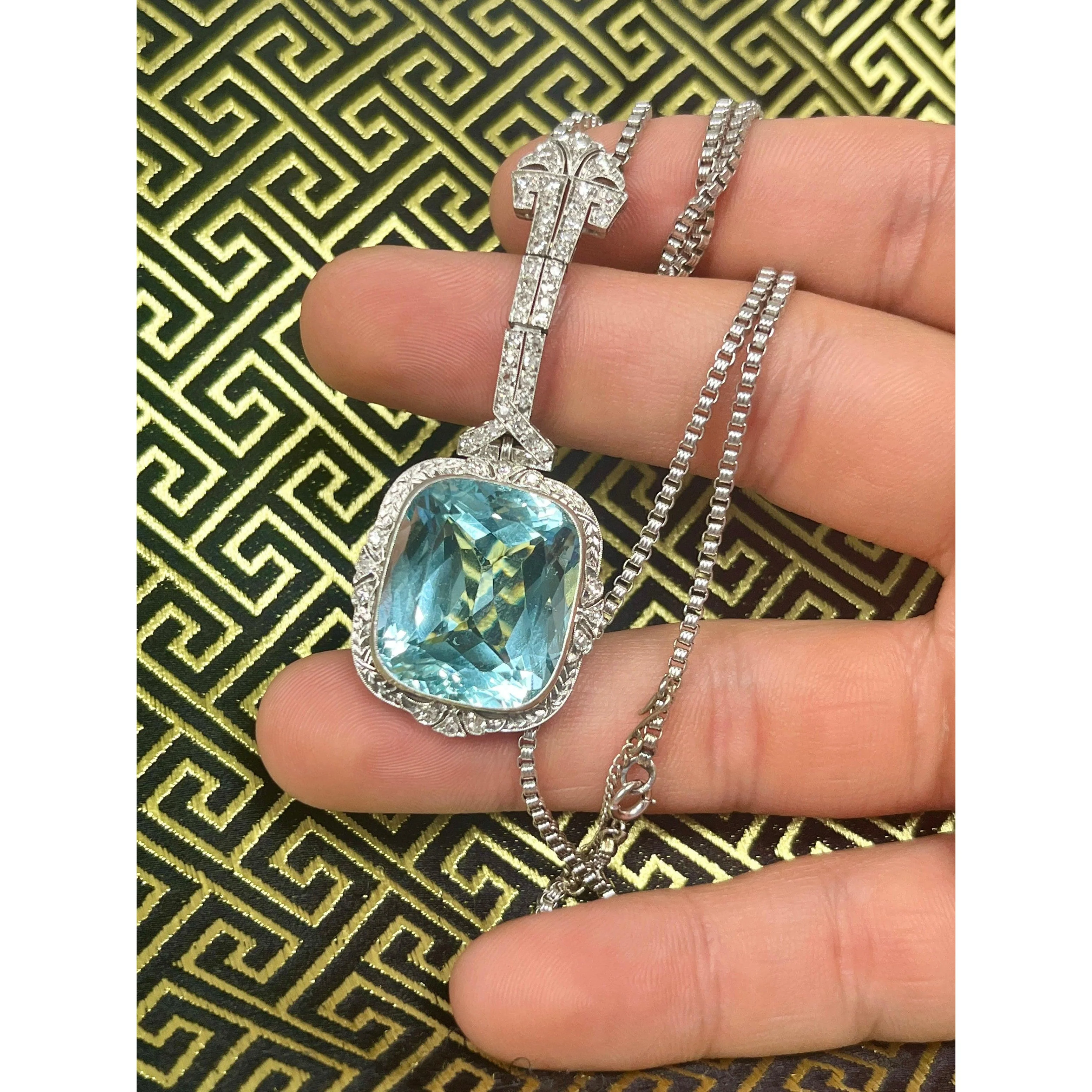 Vintage Art Deco Era GIA Certified Aquamarine and Old Euro Cut Diamond Necklace - Image 3