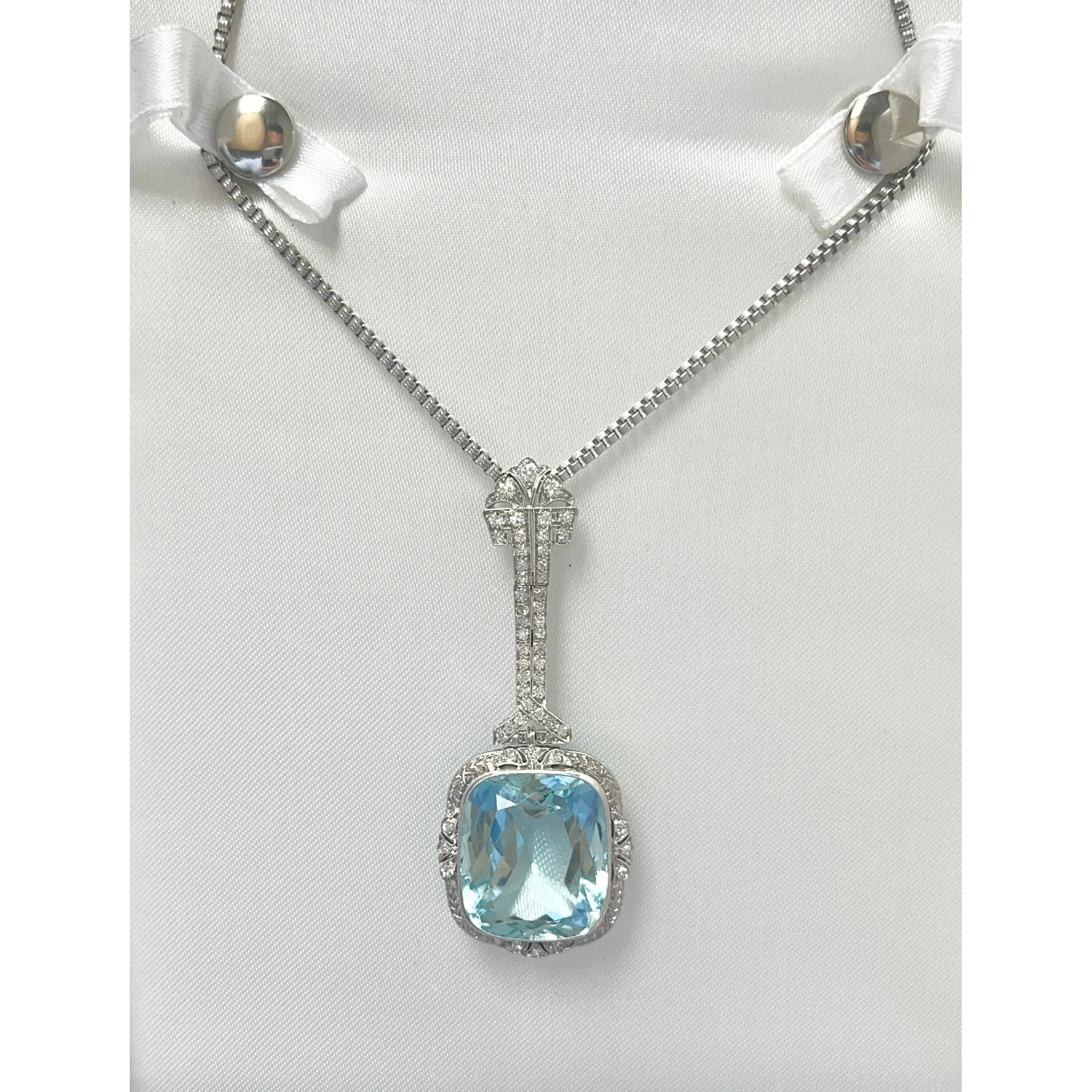 Vintage Art Deco Era GIA Certified Aquamarine and Old Euro Cut Diamond Necklace - Image 4