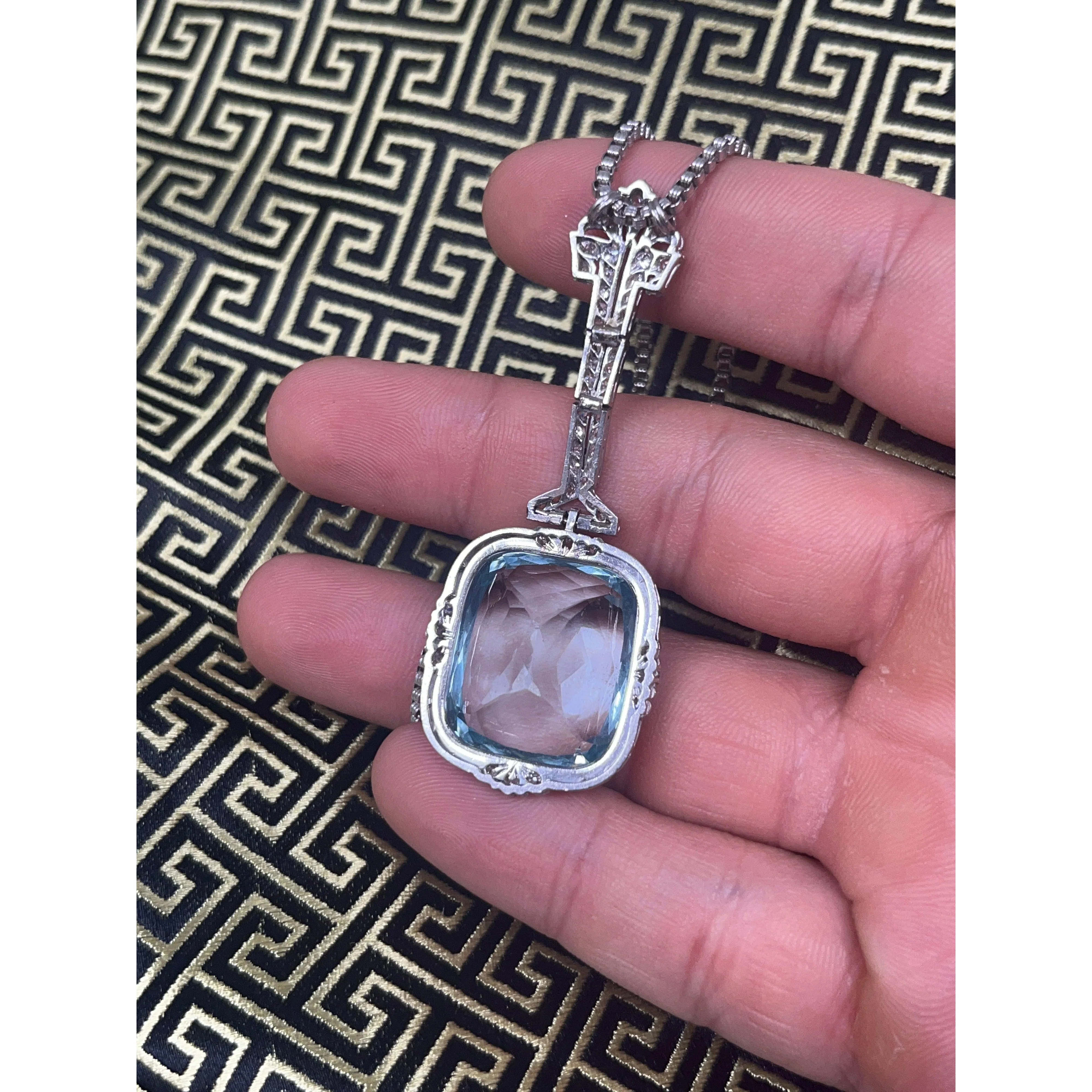 Vintage Art Deco Era GIA Certified Aquamarine and Old Euro Cut Diamond Necklace - Image 5