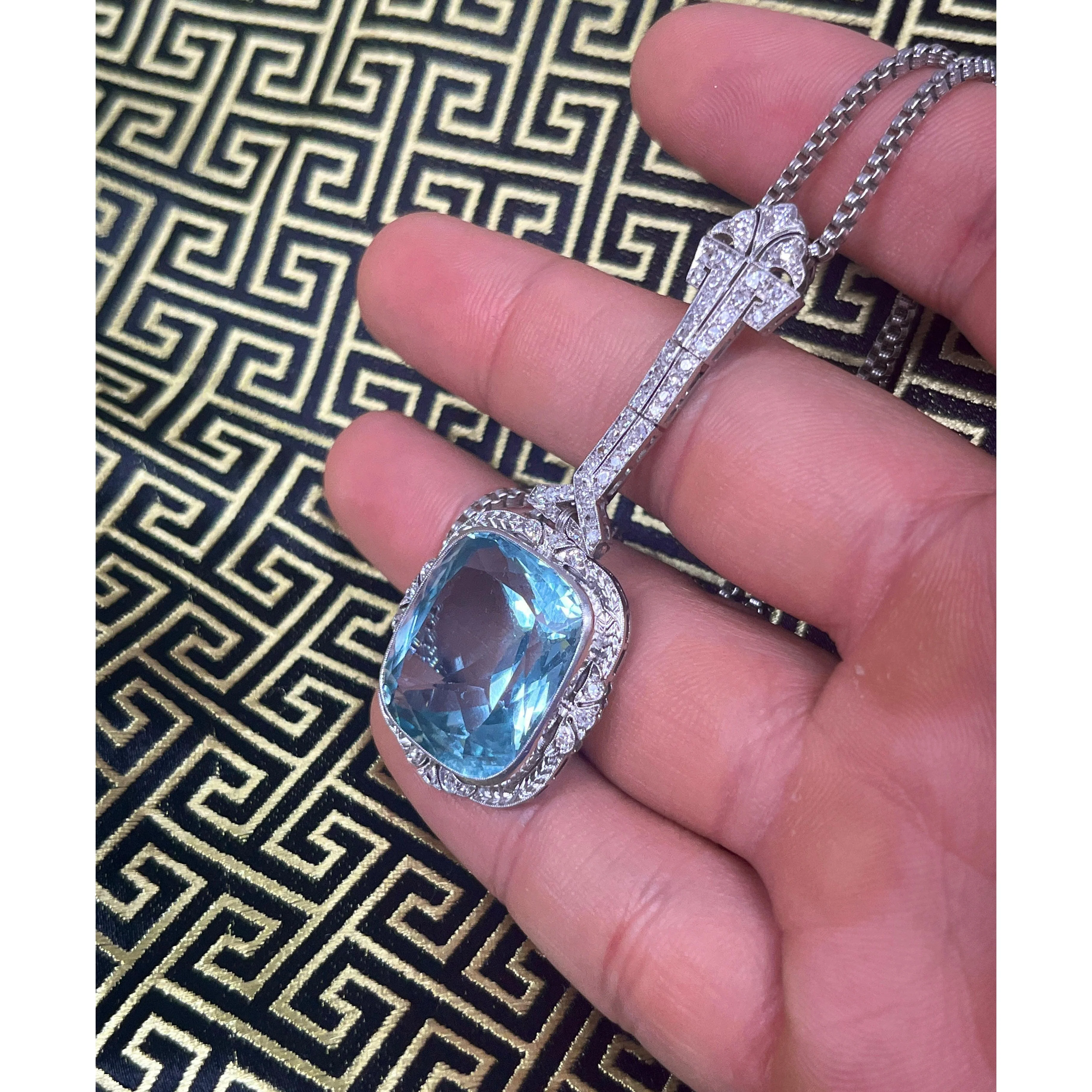 Vintage Art Deco Era GIA Certified Aquamarine and Old Euro Cut Diamond Necklace - Image 6