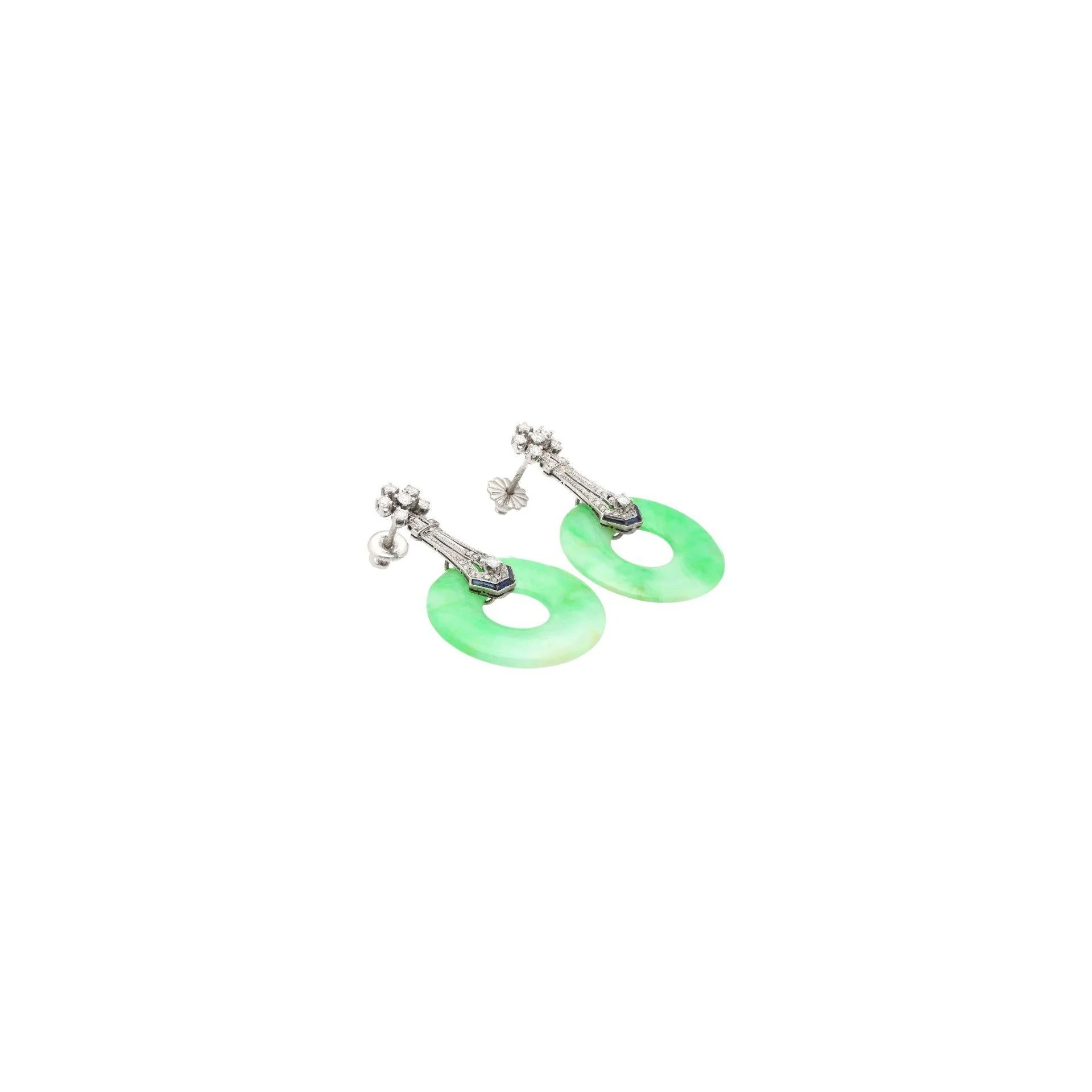 Vintage Art Deco Jadeite Jade, Diamond & Sapphire Drop Earrings in 14K - Image 4