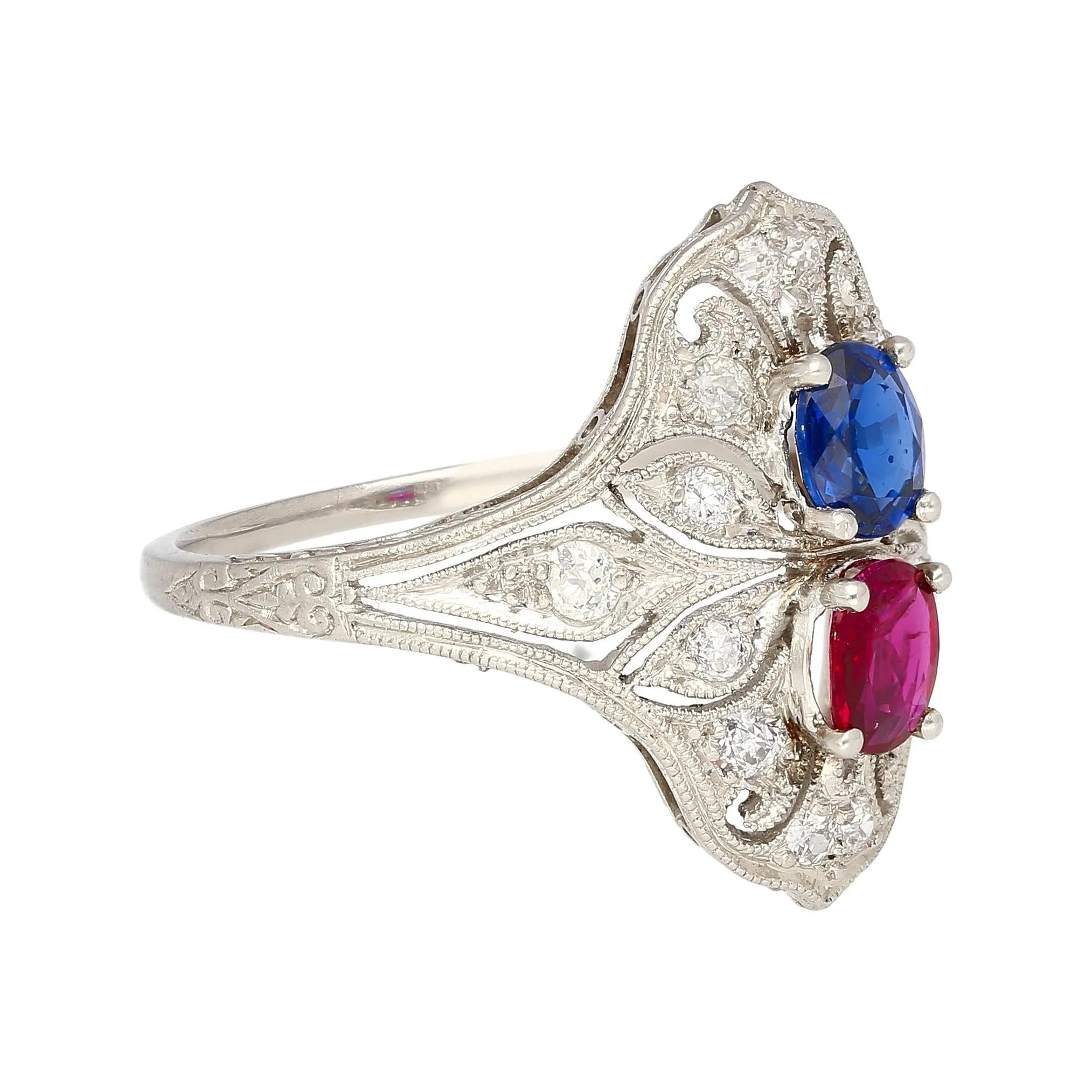 Vintage Art Deco Platinum 1.21 Carat Pink Ruby and Blue Sapphire Ring - Image 3