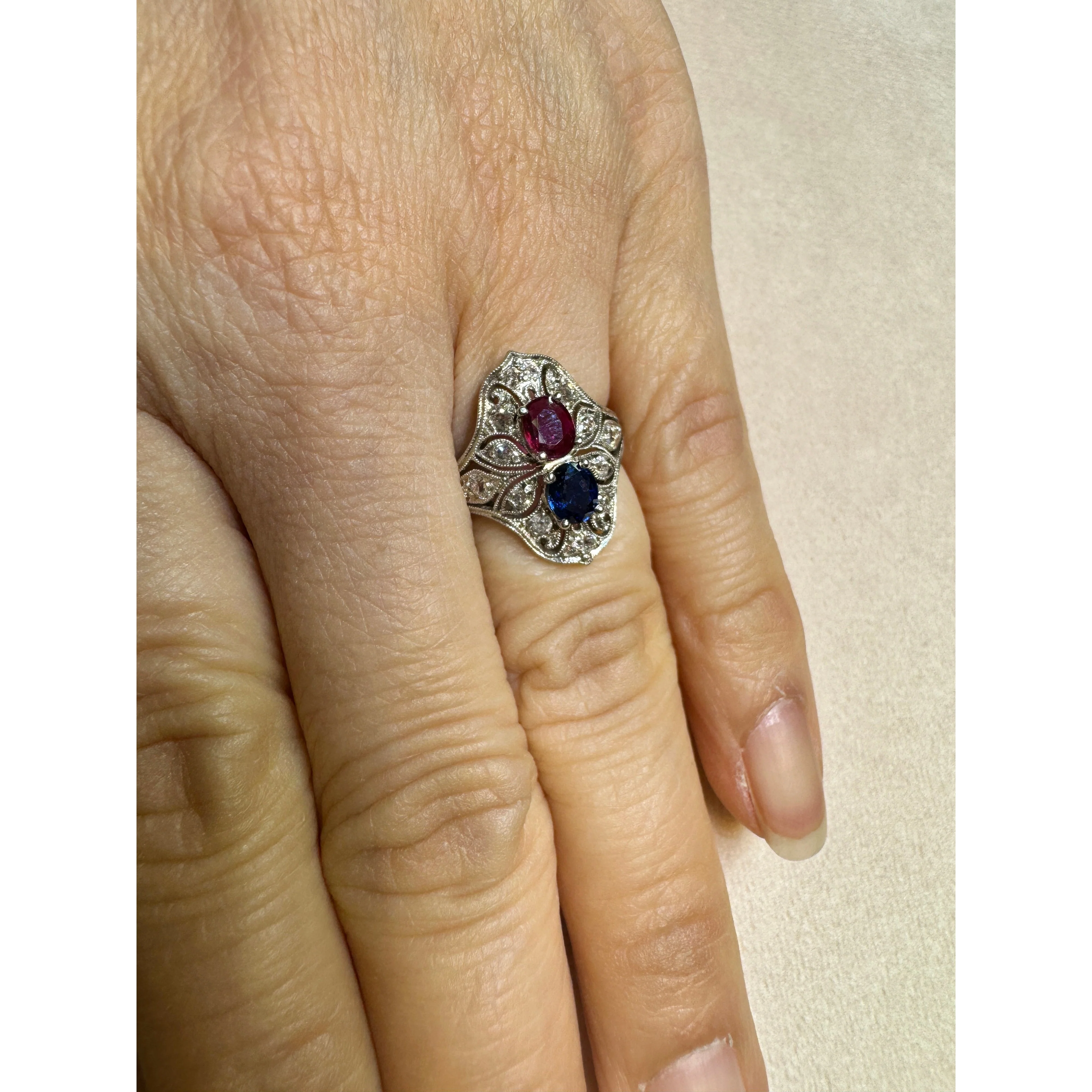 Vintage Art Deco Platinum 1.21 Carat Pink Ruby and Blue Sapphire Ring - Image 7