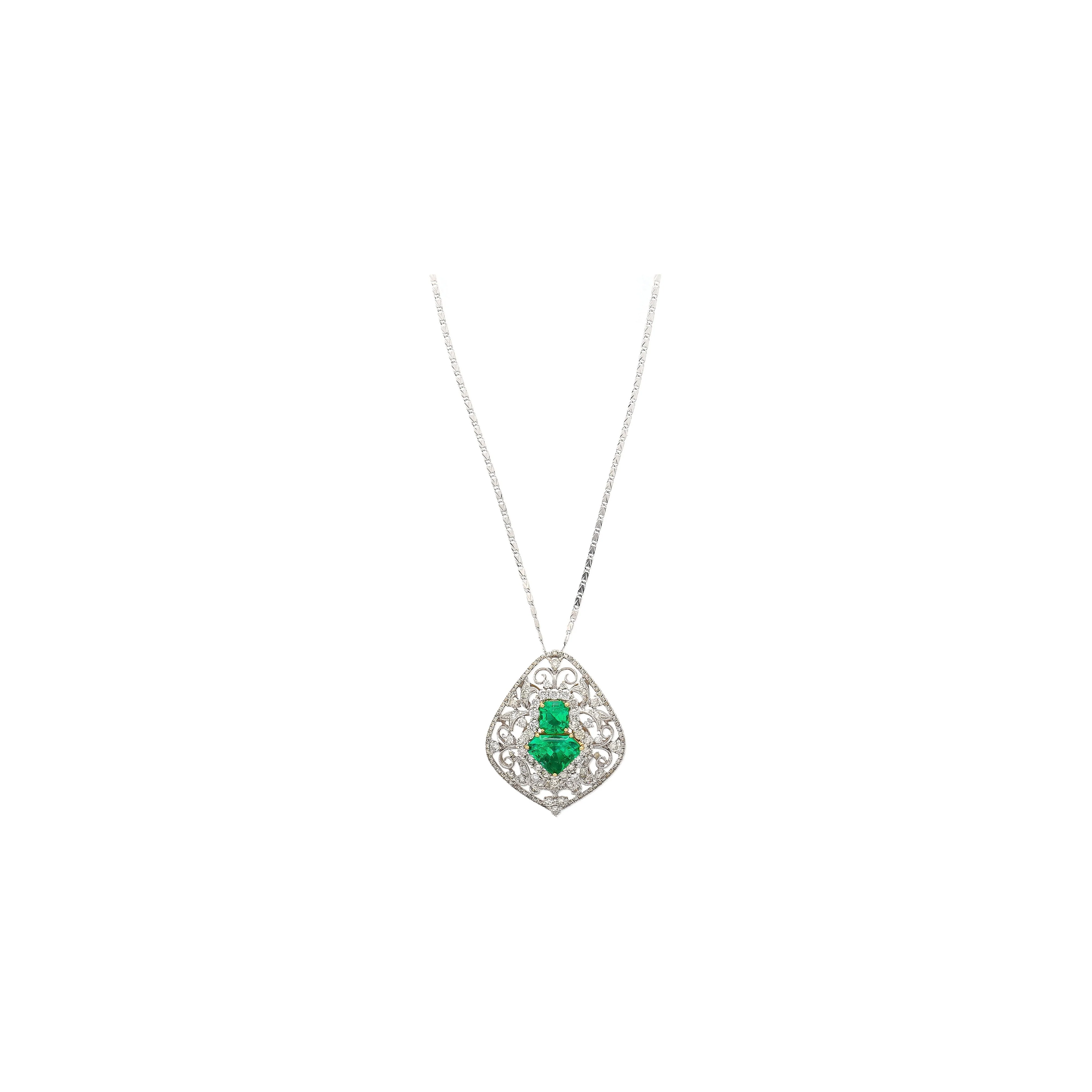 Vintage Art Nouveau Style Carved 18K White Gold Pendant Necklace With Shield Cut Emerald and Diamond Side Stones - Image 3