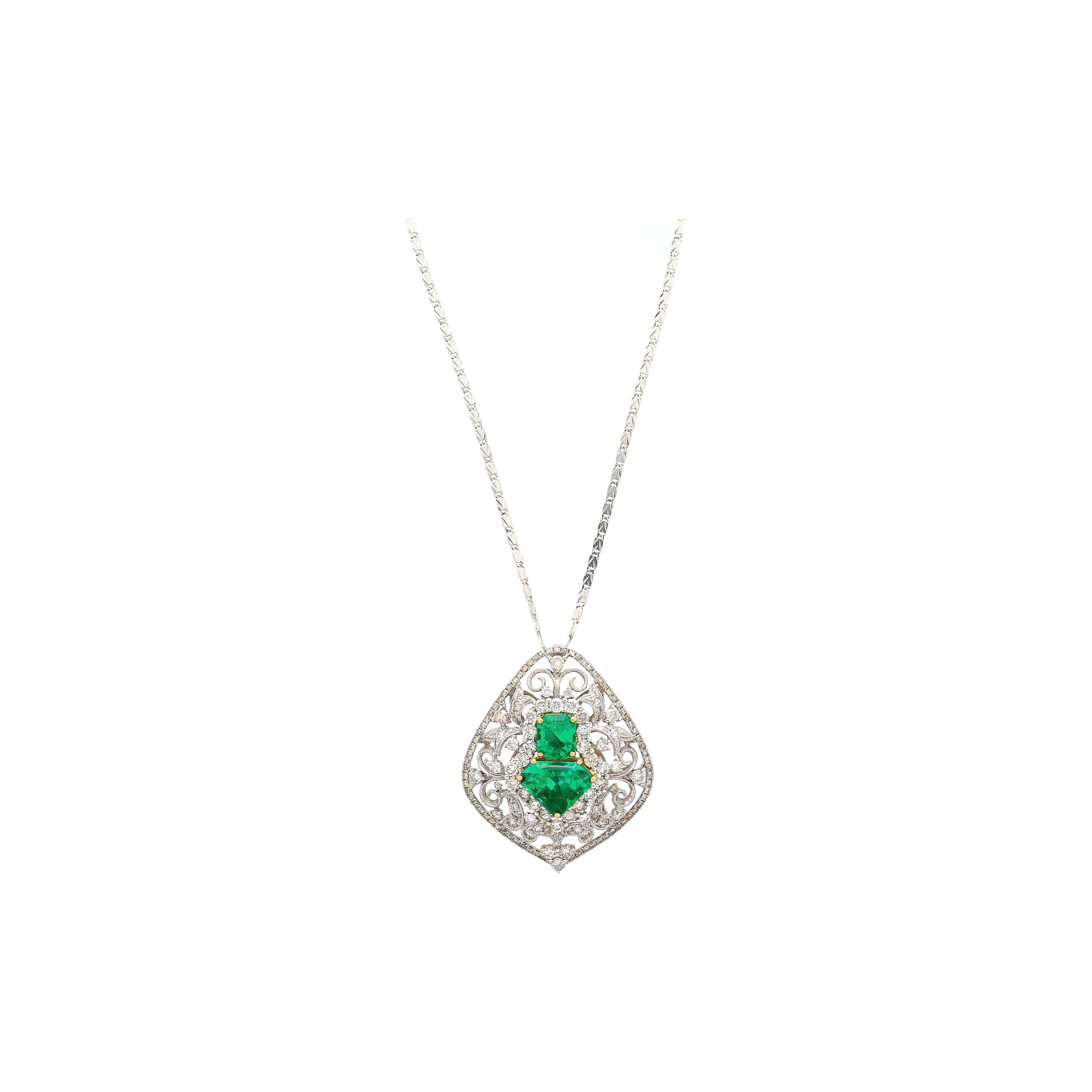 Vintage Art Nouveau Style Carved 18K White Gold Pendant Necklace With Shield Cut Emerald and Diamond Side Stones - Image 4
