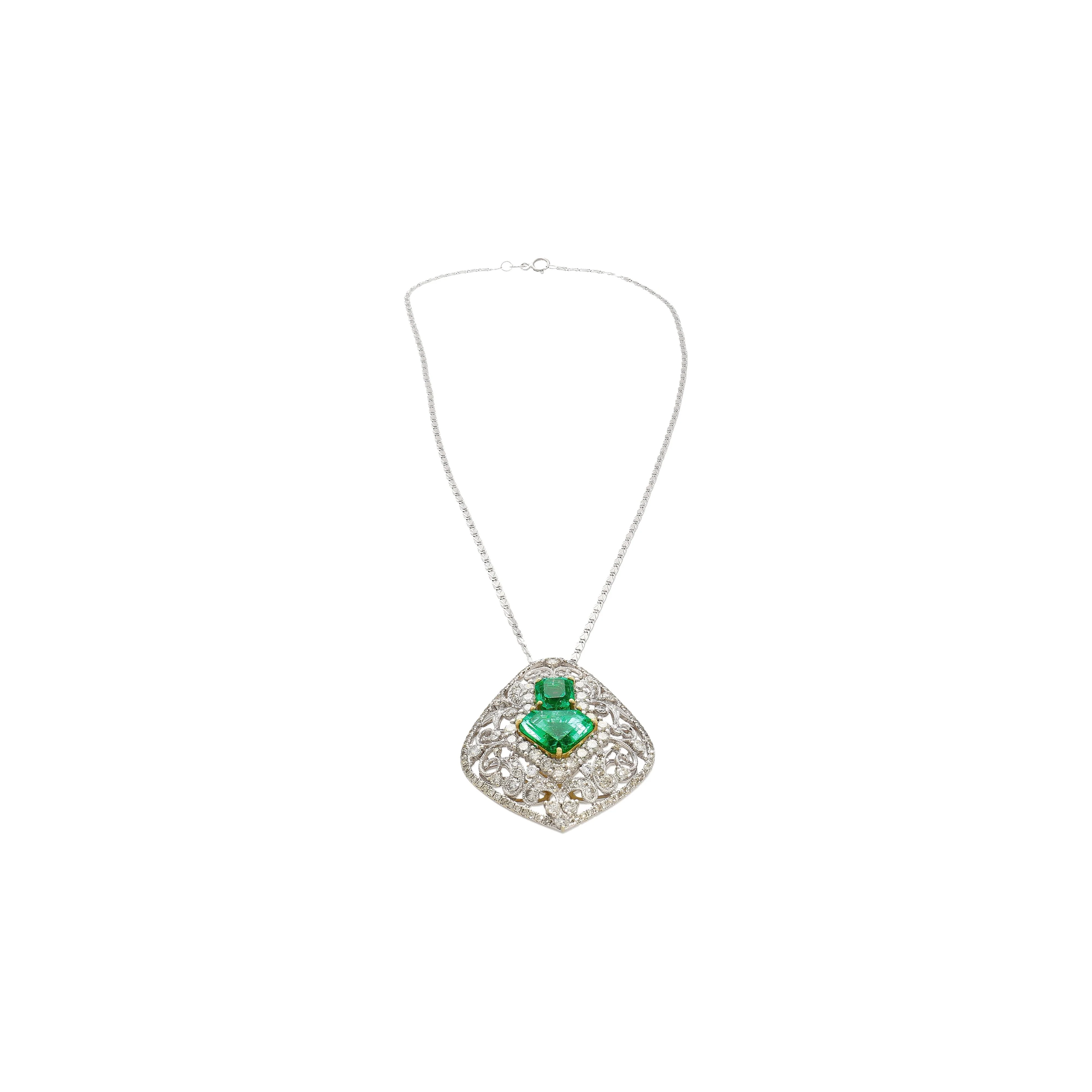 Vintage Art Nouveau Style Carved 18K White Gold Pendant Necklace With Shield Cut Emerald and Diamond Side Stones - Image 5