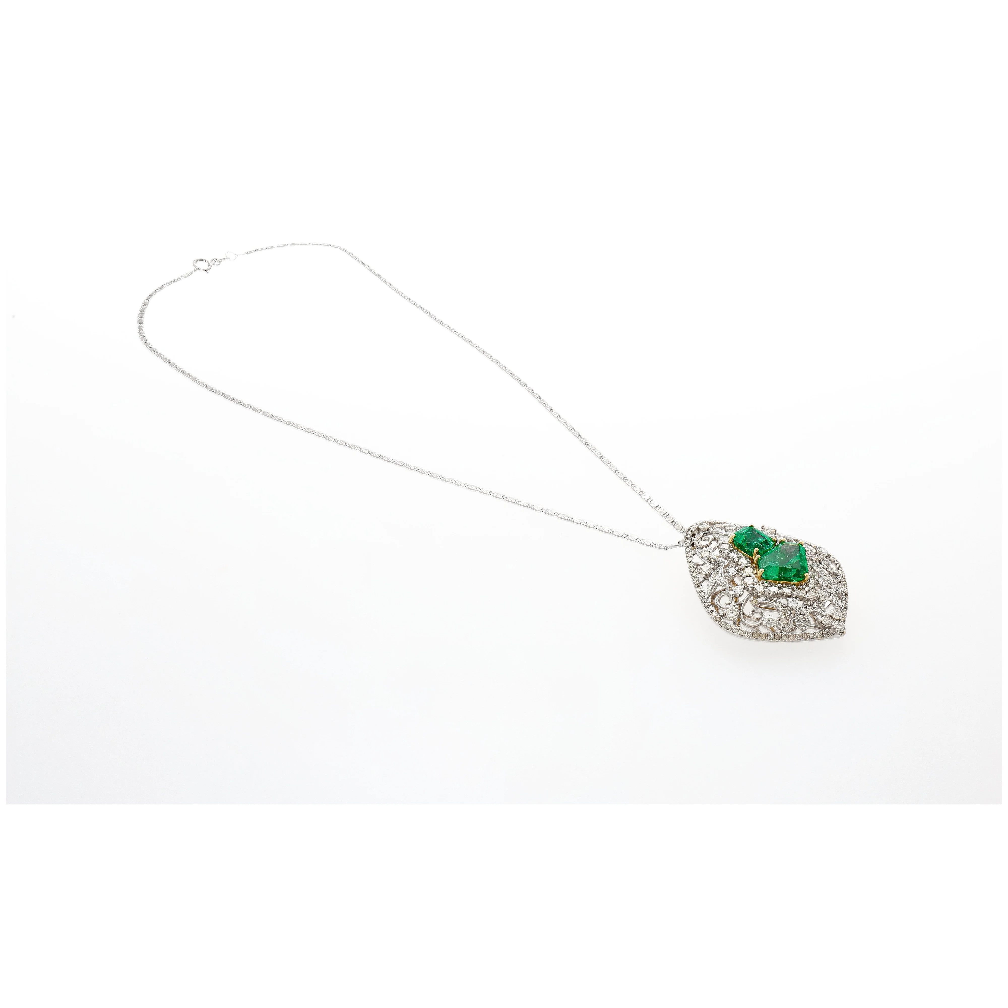 Vintage Art Nouveau Style Carved 18K White Gold Pendant Necklace With Shield Cut Emerald and Diamond Side Stones - Image 6