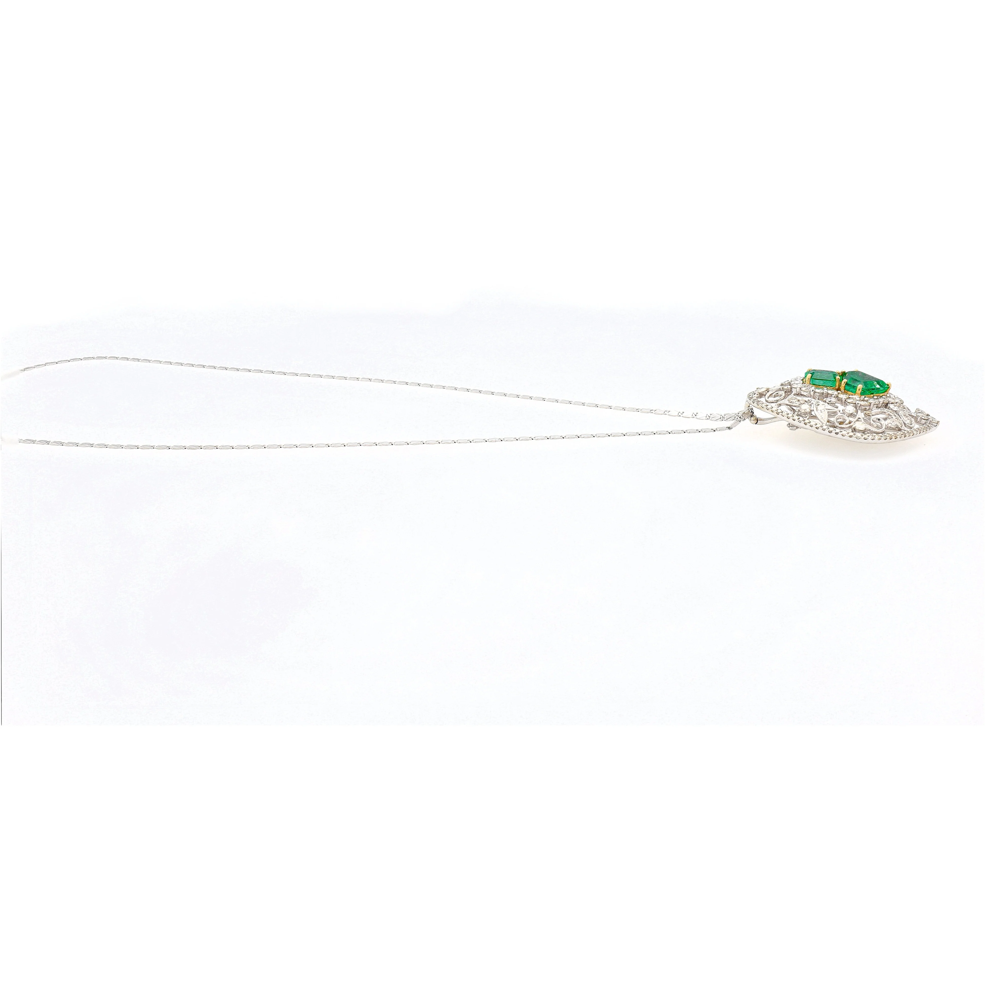Vintage Art Nouveau Style Carved 18K White Gold Pendant Necklace With Shield Cut Emerald and Diamond Side Stones - Image 7