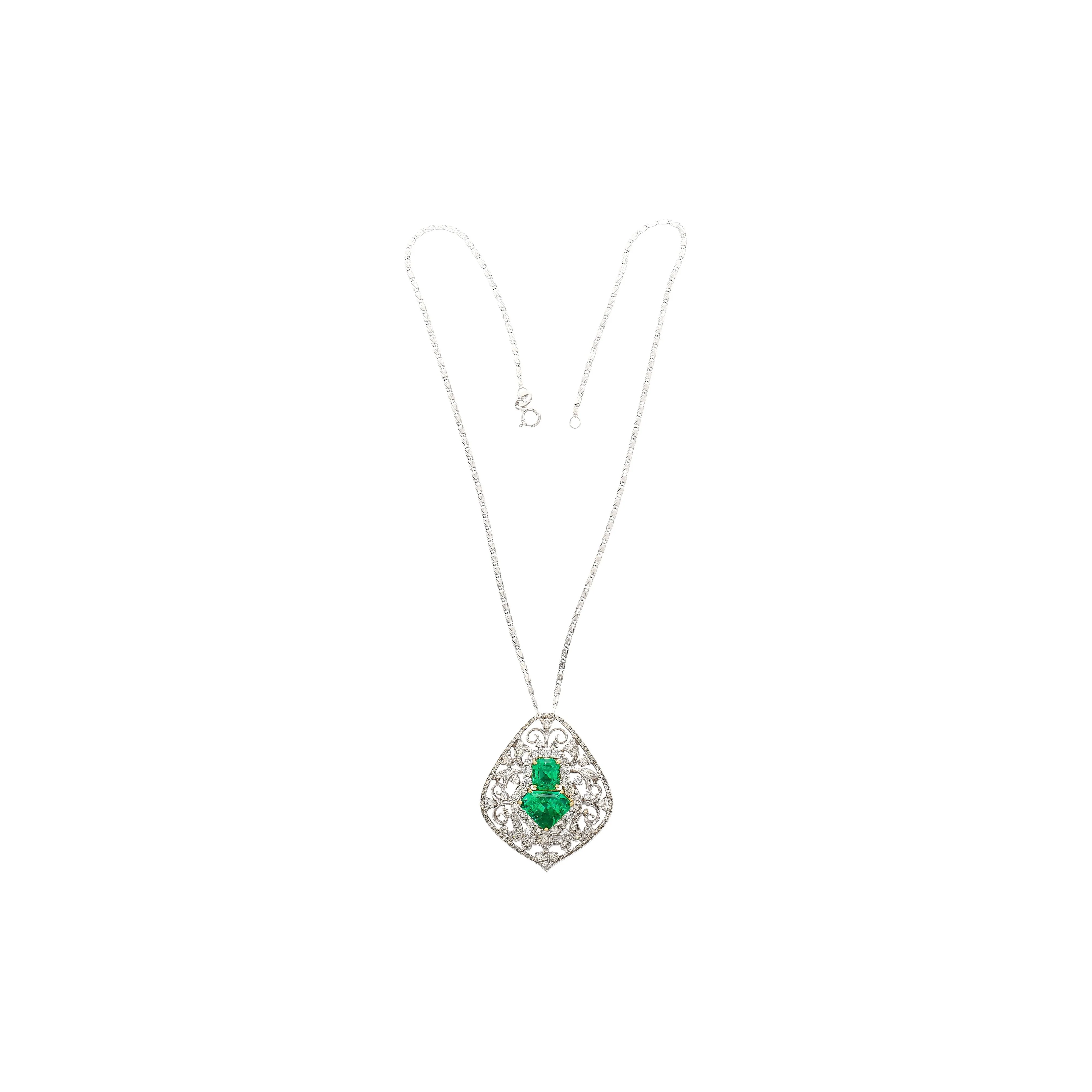 Vintage Art Nouveau Style Carved 18K White Gold Pendant Necklace With Shield Cut Emerald and Diamond Side Stones - Image 8