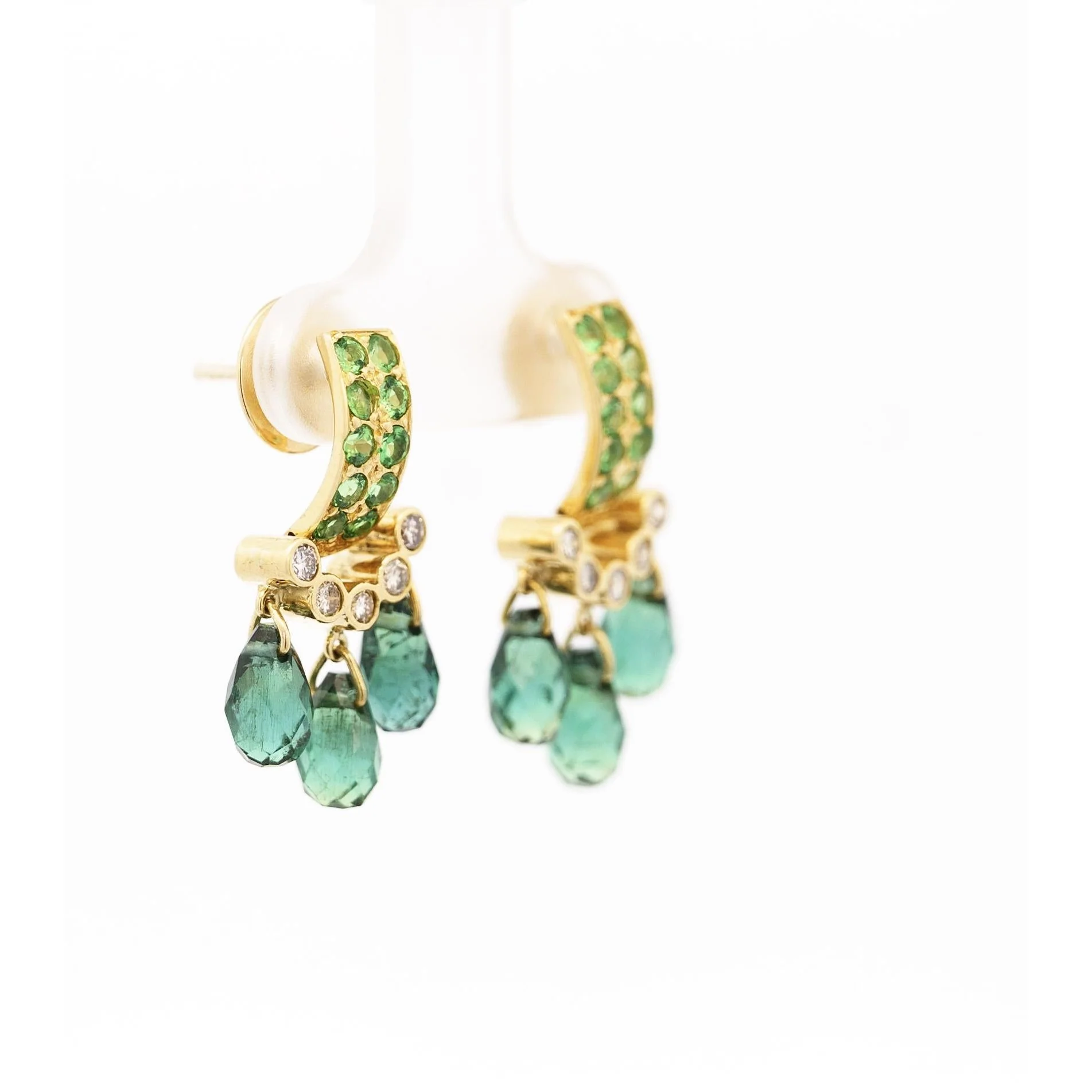 Vintage Briolette Cut Green Tourmaline & Diamond Dangling Stud Earrings in 18K - Image 4
