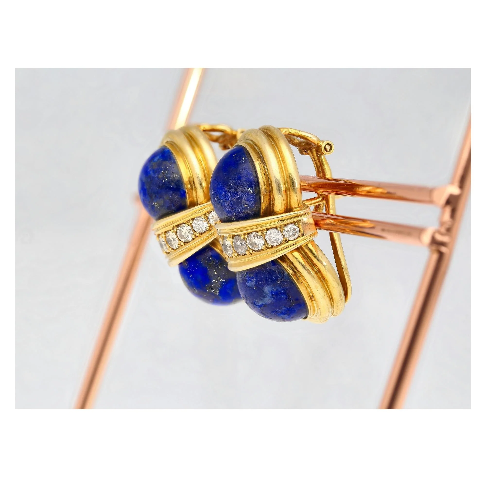 Vintage Cabochon Cut Lapis Lazuli and Diamond 18K Yellow Gold Clip-On Earrings - Image 6